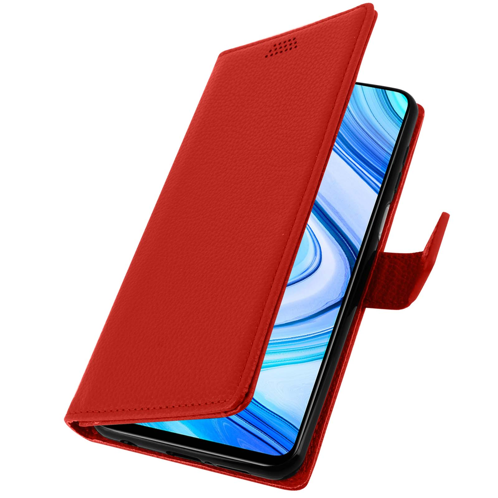 Een rood telefoonhoesje is open en onthult een telefoonscherm. De hoes heeft een leerachtige textuur.
