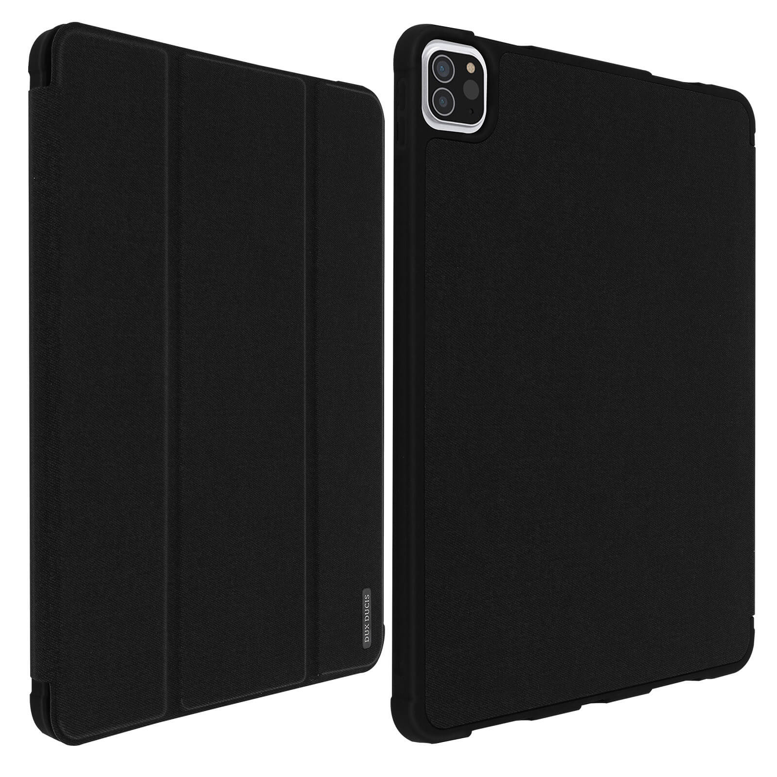 Custodia per tablet nera, chiusa a sinistra, aperta a destra, interno ed esterno neri.