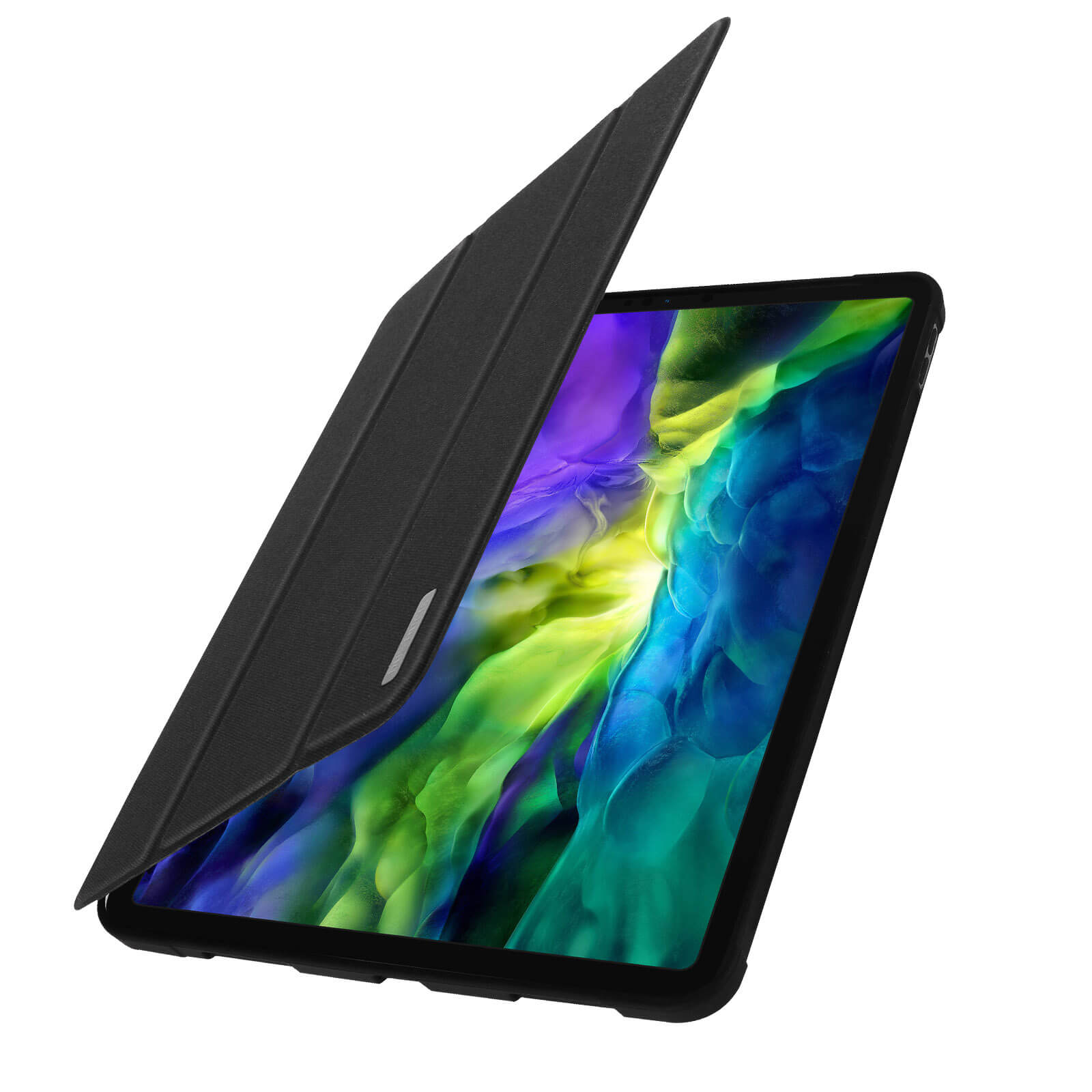 Custodia nera per tablet, aperta, che mostra lo schermo del tablet. Il tablet è nero con un bordo nero.