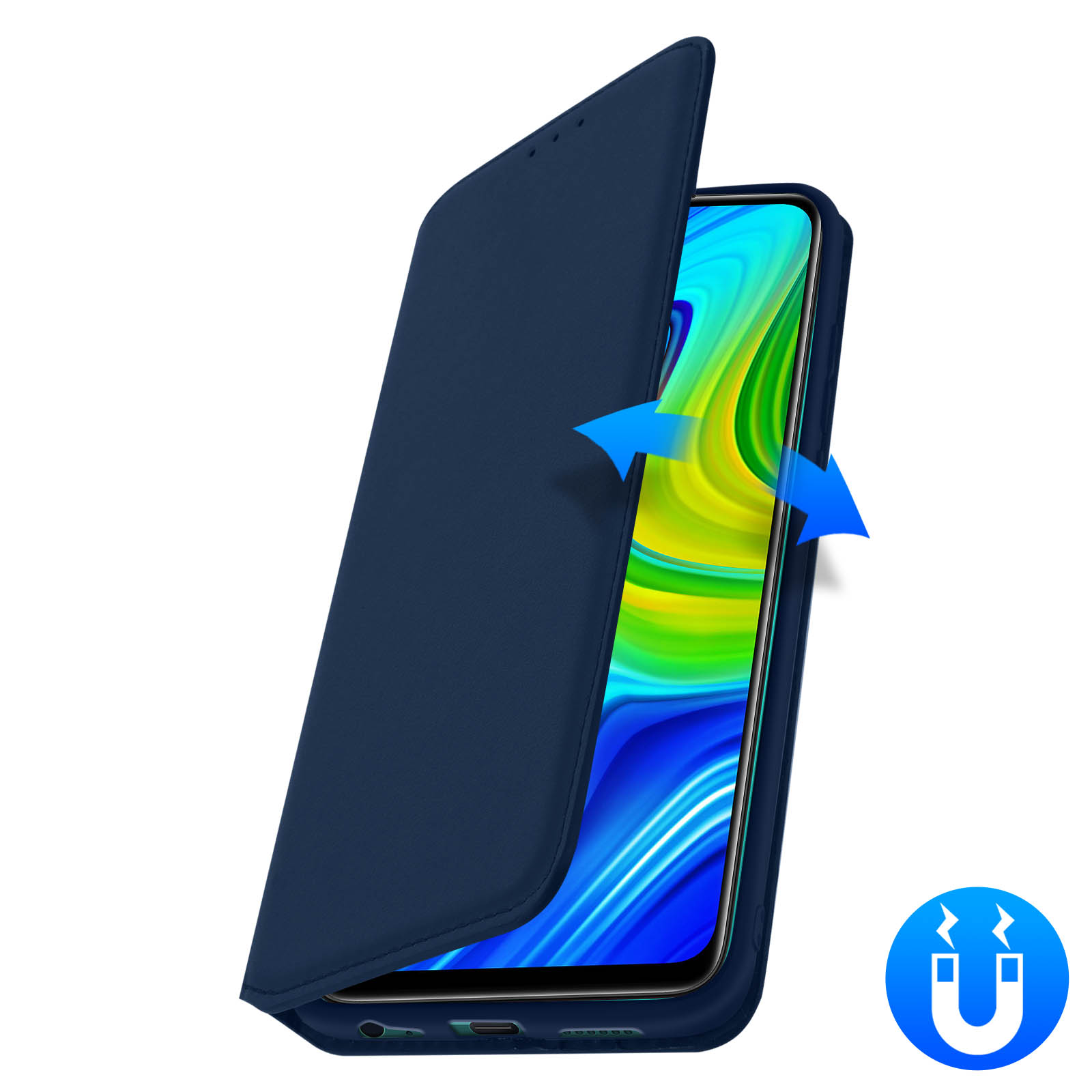 Étui de téléphone bleu foncé ouvert, montrant le téléphone. Icône de force magnétique.