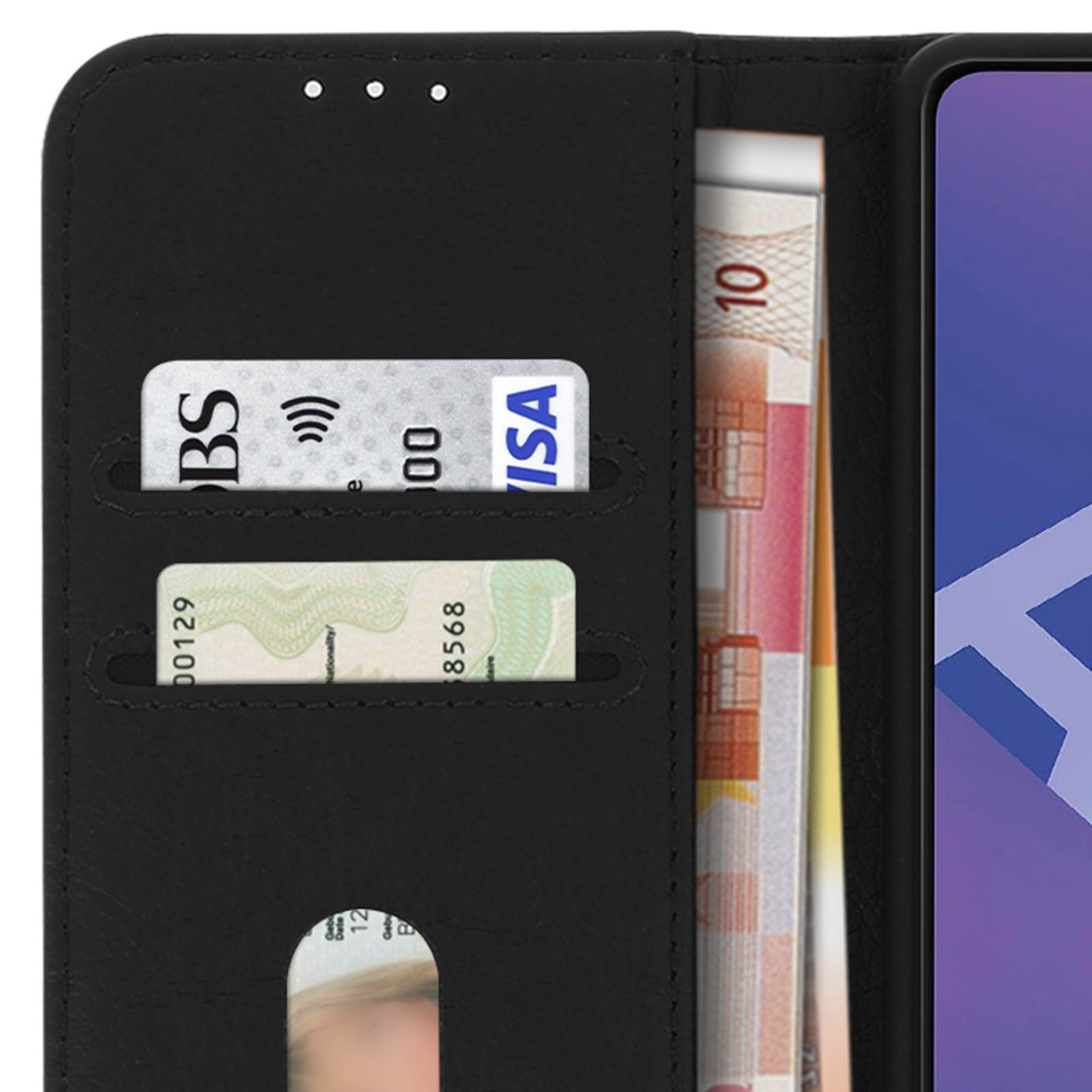Zwarte portemonneehoes met kaarten en contanten. Creditcard, ID en eurobiljetten zichtbaar.