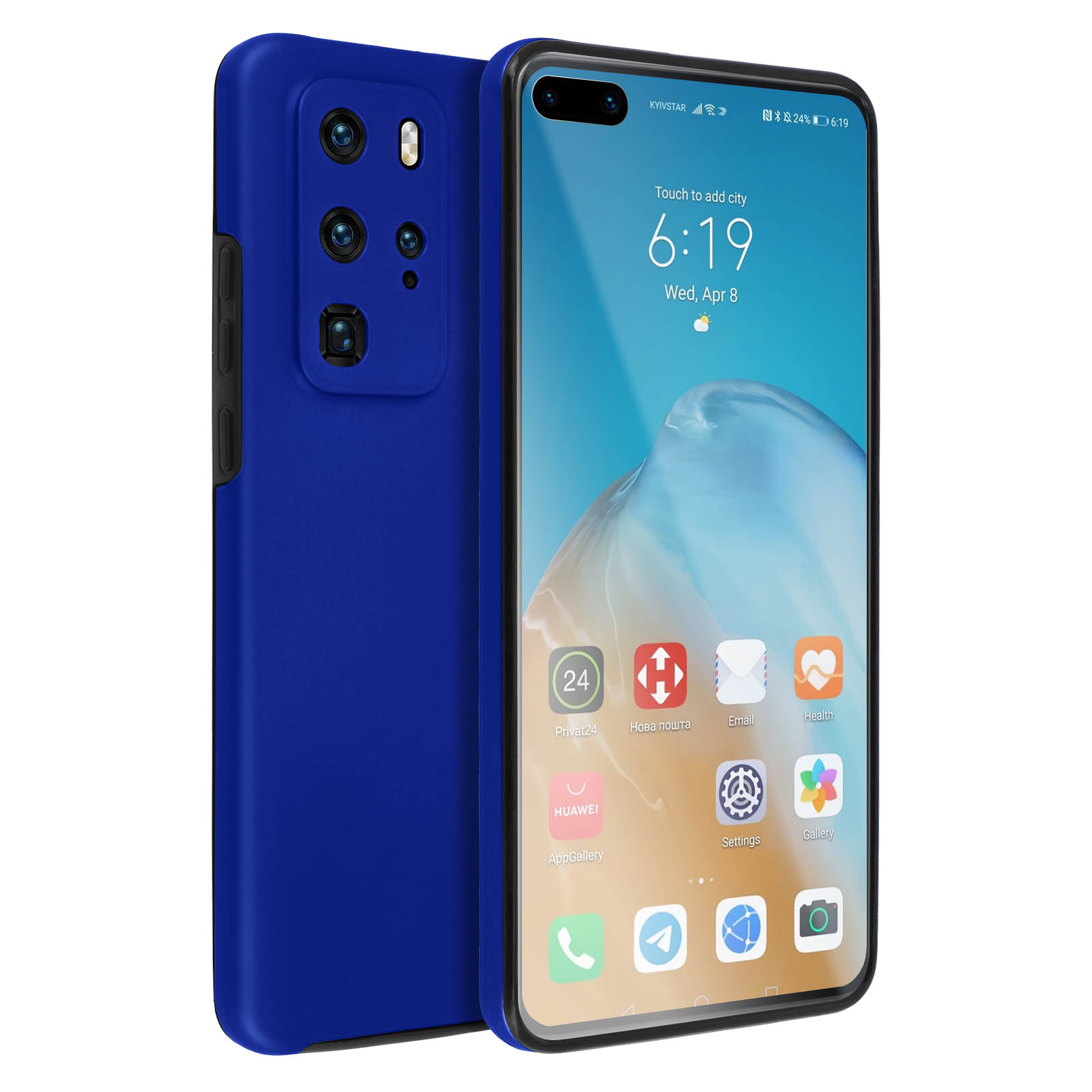 Custodia blu con telefono dentro. Telefono mostra ora e icone app.