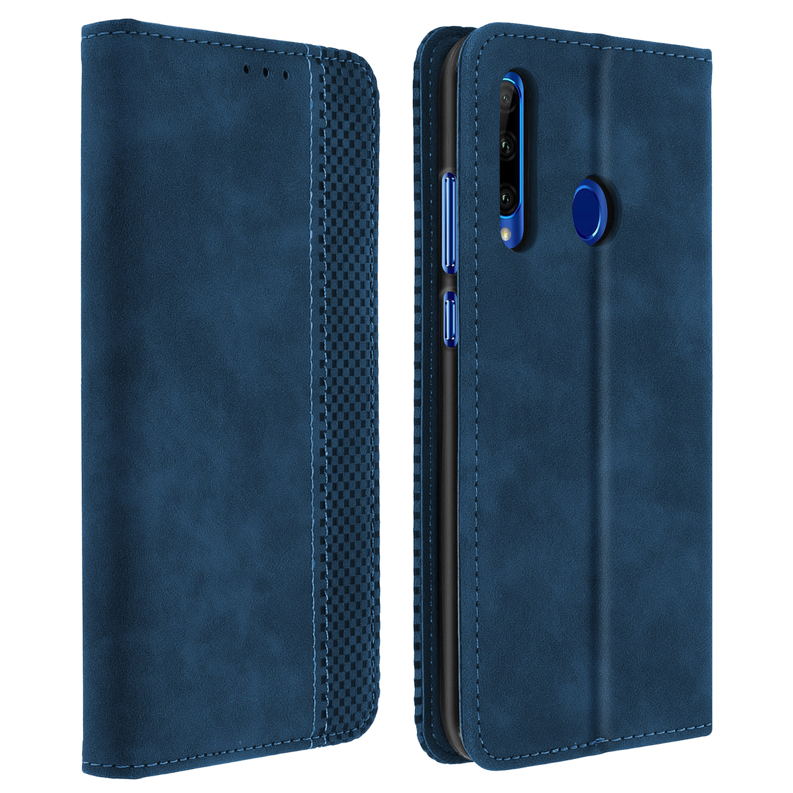 Custodia per telefono in pelle blu, chiusa, con un motivo a scacchi. Un altro lato aperto.