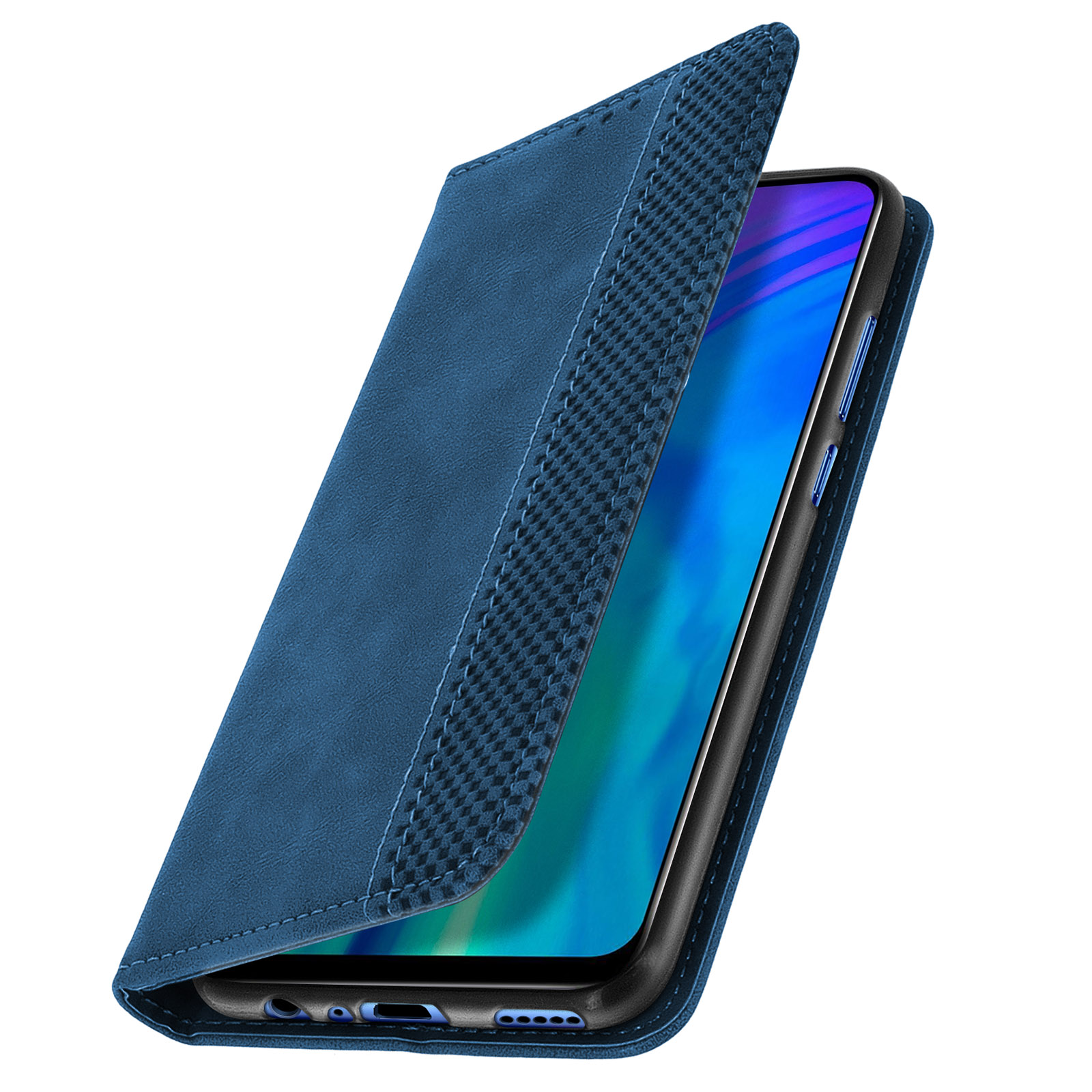 Custodia blu per telefono, aperta, che mostra il telefono. Lo schermo è acceso. Sfondo blu scuro.