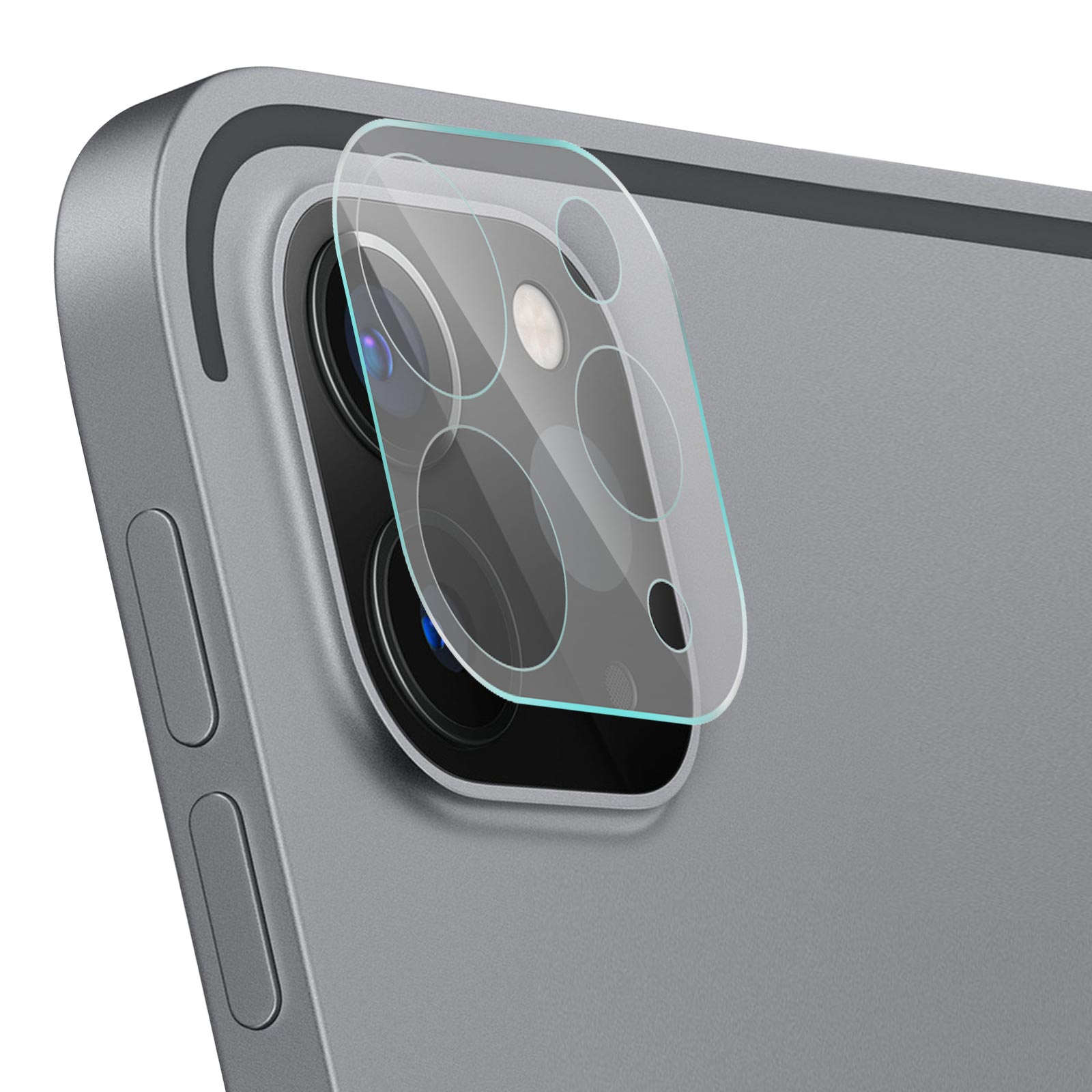 Un protecteur d'objectif est placé sur l'appareil photo d'un iPad. Il est transparent.