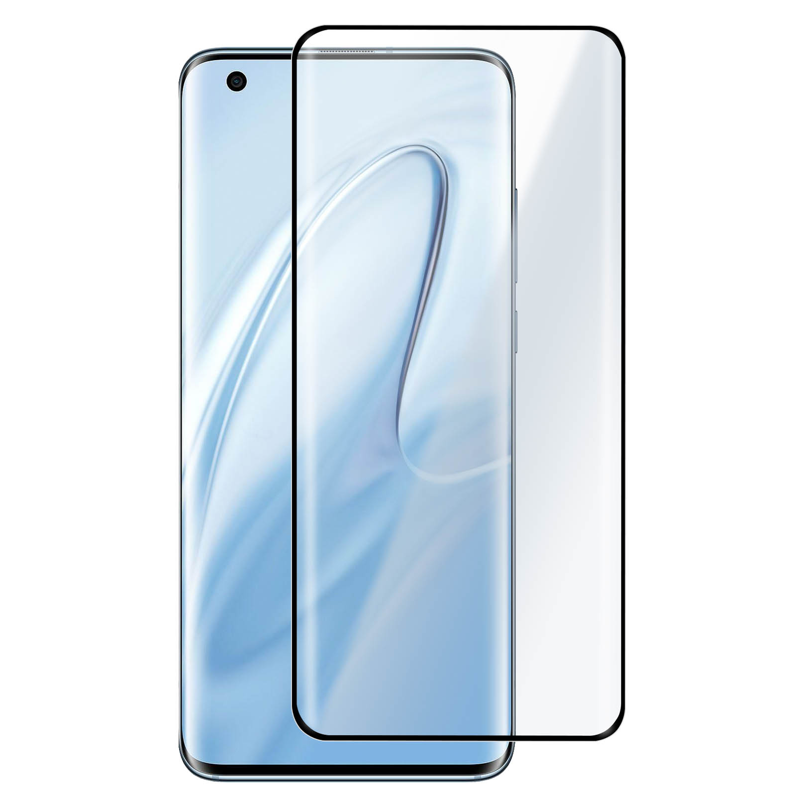 Uno smartphone con protezione schermo su sfondo bianco. Il telefono è azzurro, la protezione trasparente con bordi neri.