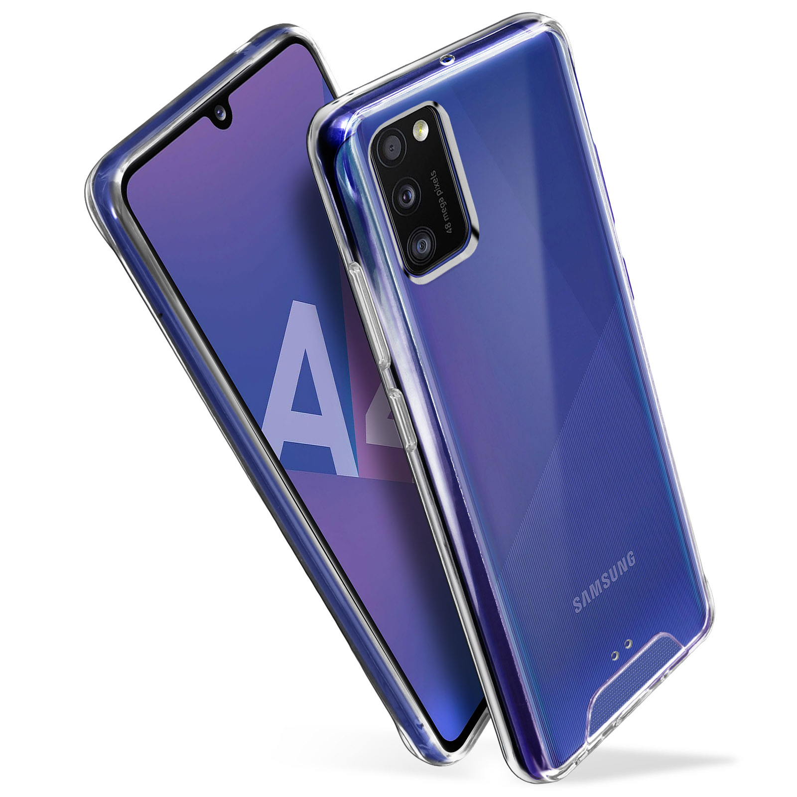 Deux téléphones, un dans un étui transparent, sur une surface blanche. Fond bleu.