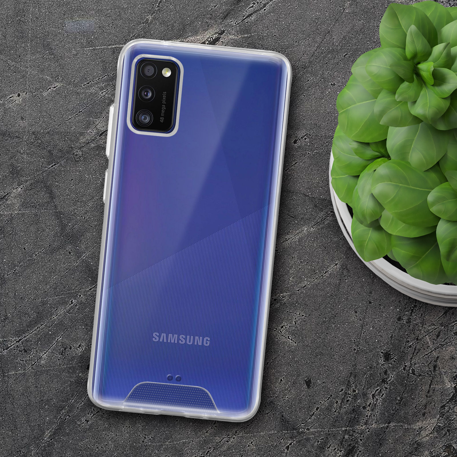 Coque de téléphone transparente avec un téléphone bleu à l'intérieur. La coque a un dos transparent. Une plante est en arrière-plan.