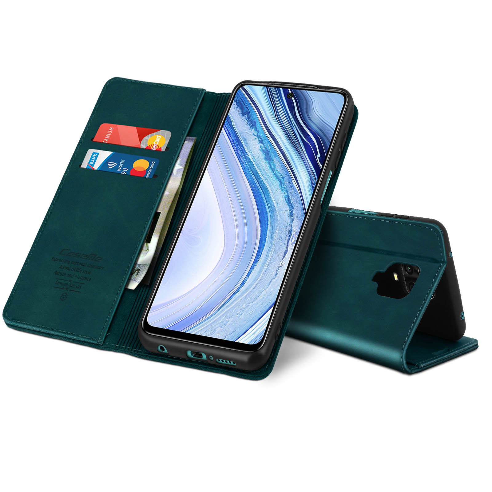 Custodia verde per telefono con telefono e supporto. Carte e denaro all'interno.