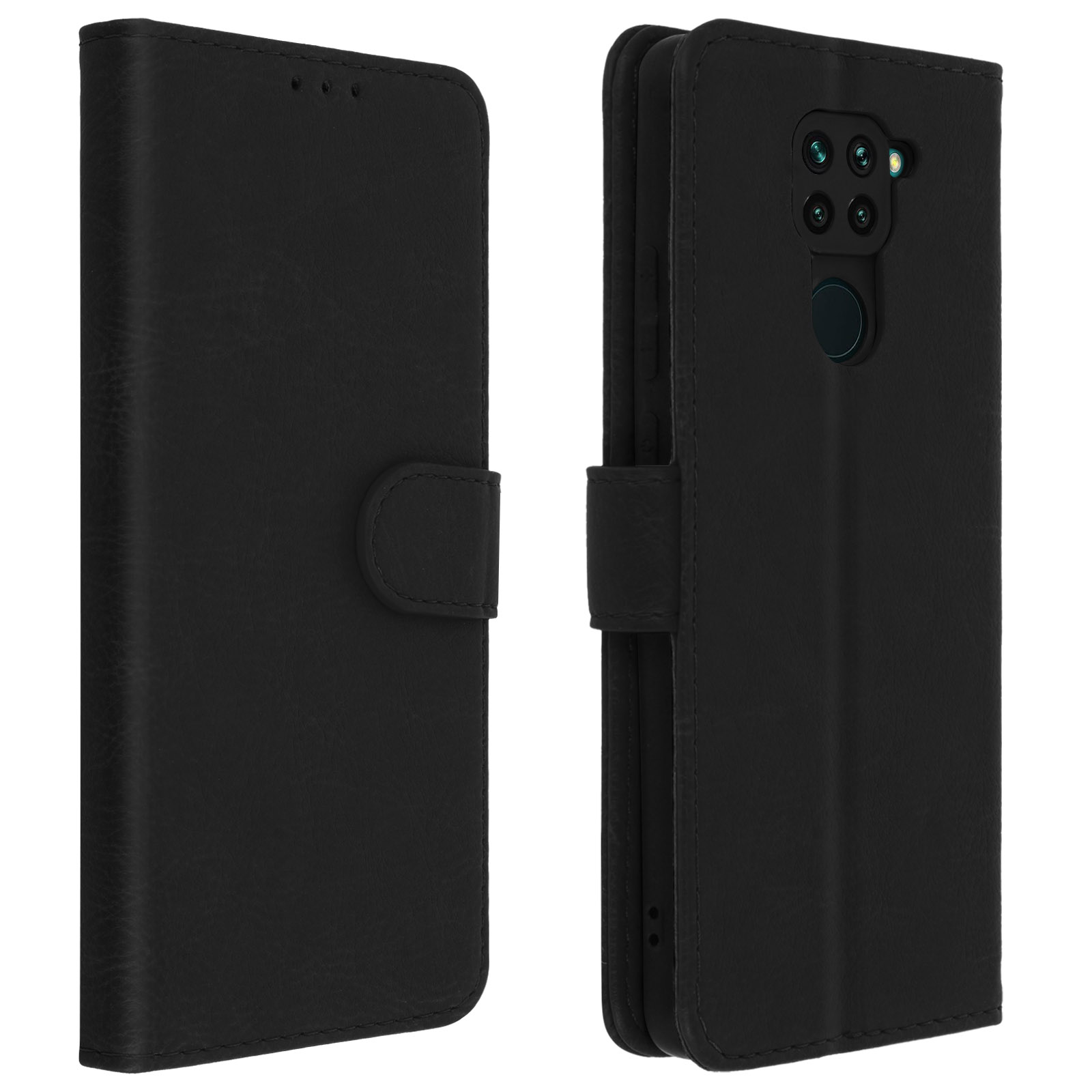 Étui de téléphone noir, ouvert et fermé. Avec fermoir. Le téléphone a des caméras.