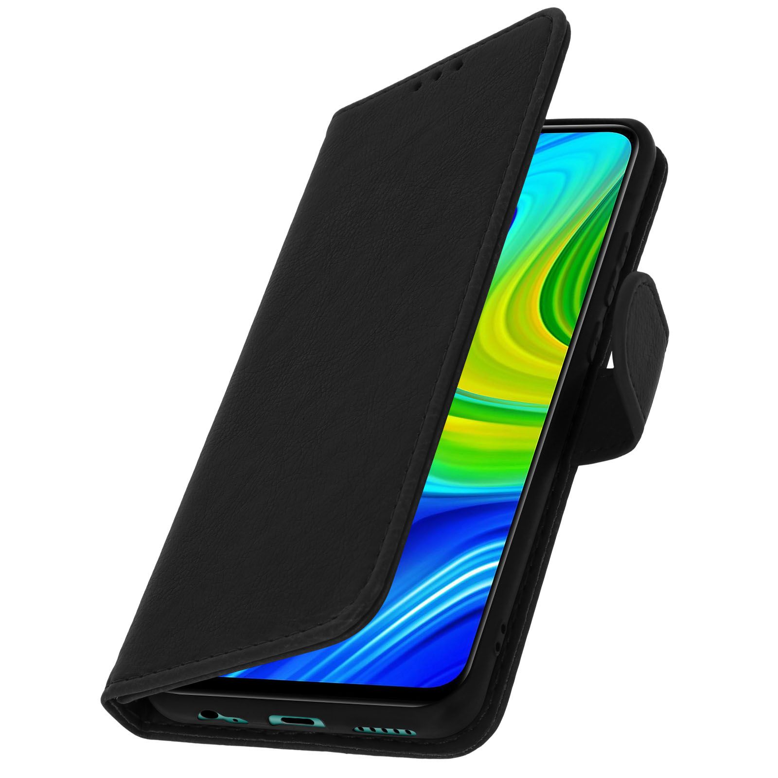 Coque de téléphone noire, ouverte. Montrant l'écran du téléphone. Vue en angle.