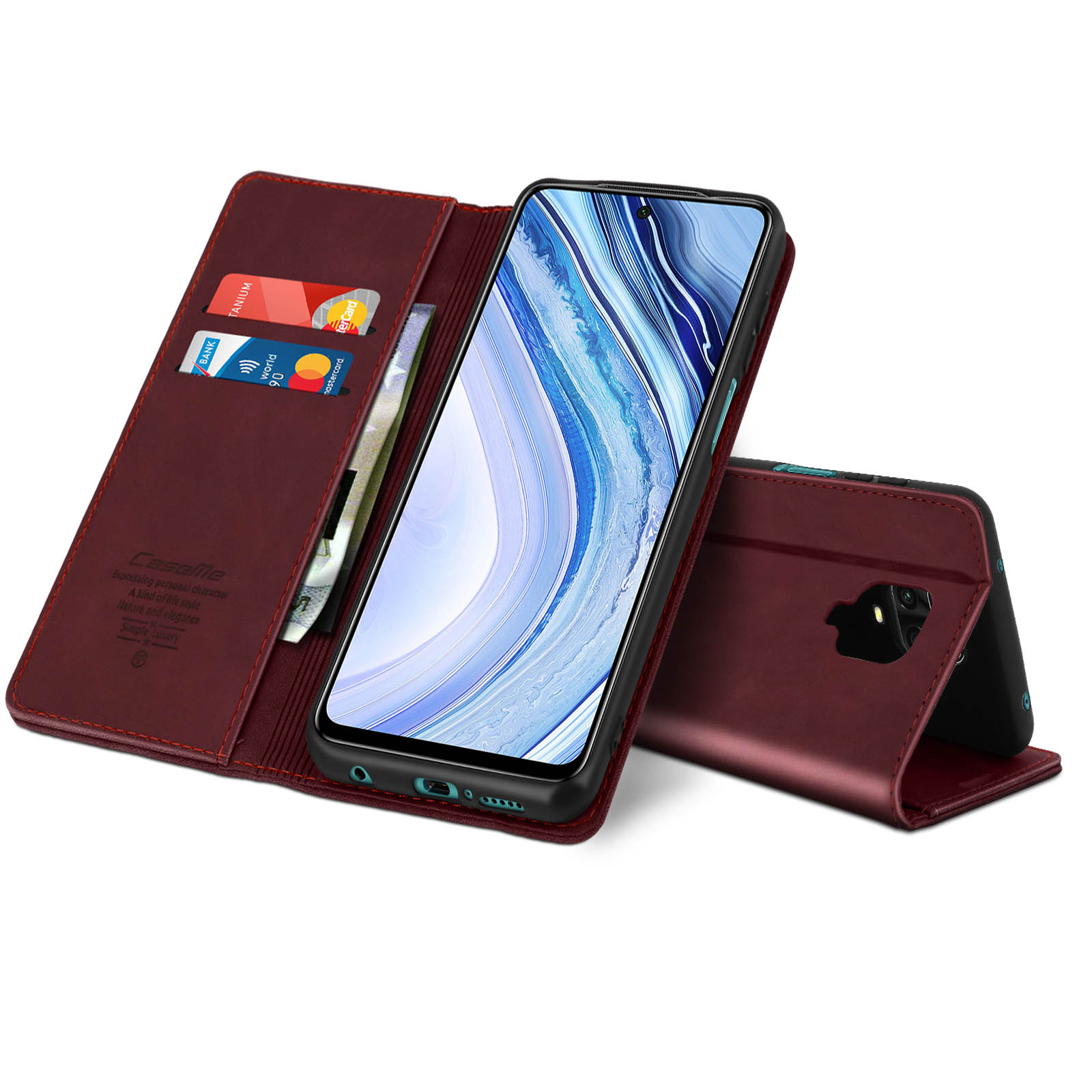 Custodia rossa per telefono con carte e telefono all'interno. La custodia è aperta.