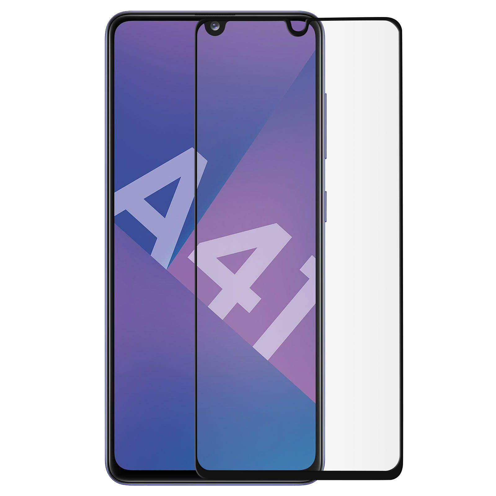 Uno smartphone con una protezione per lo schermo applicata. Il telefono ha uno schermo viola con le lettere A e 4. La protezione è trasparente.
