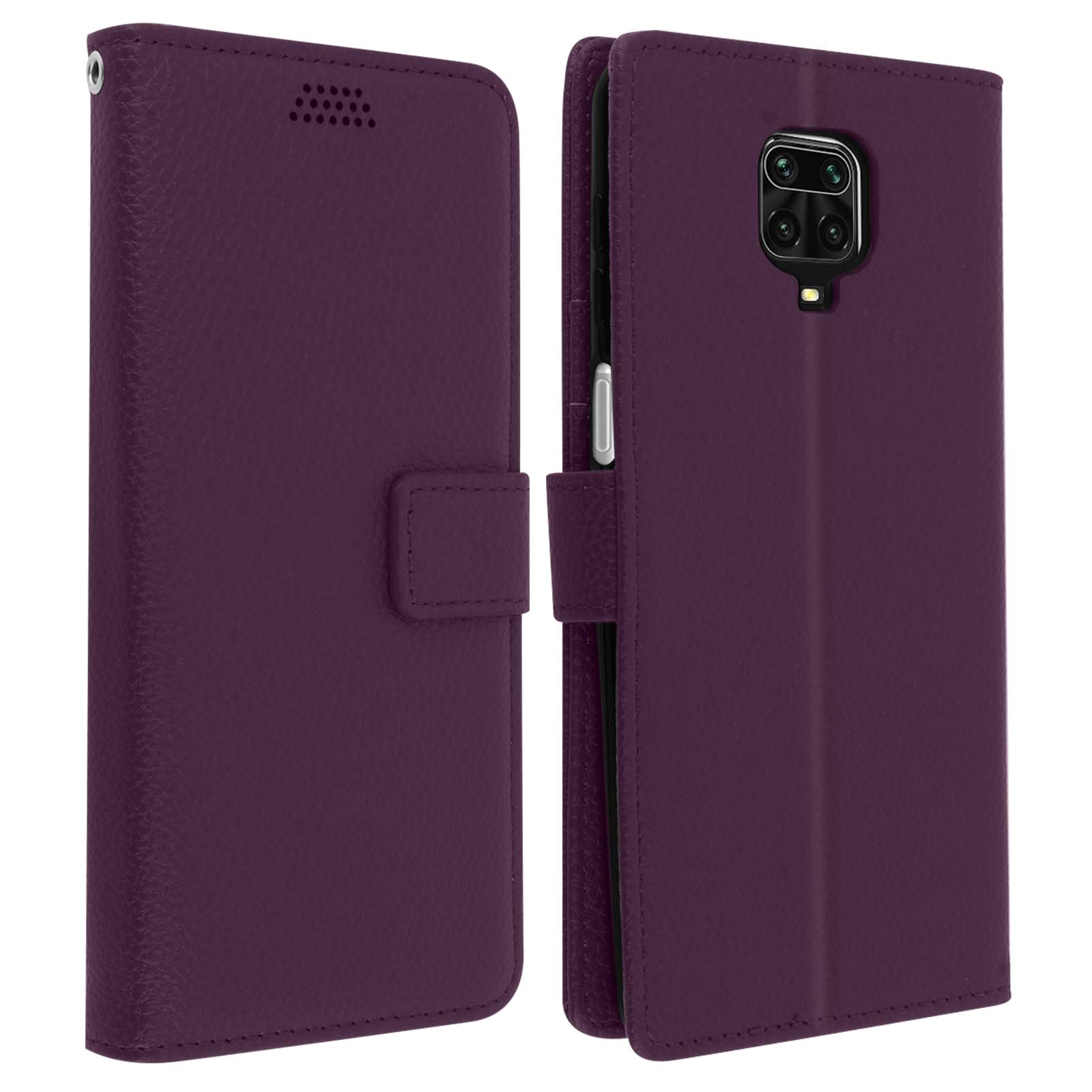 Étui de téléphone violet ouvert, avec téléphone à l'intérieur. L'étui est violet. Le téléphone montre l'appareil photo.