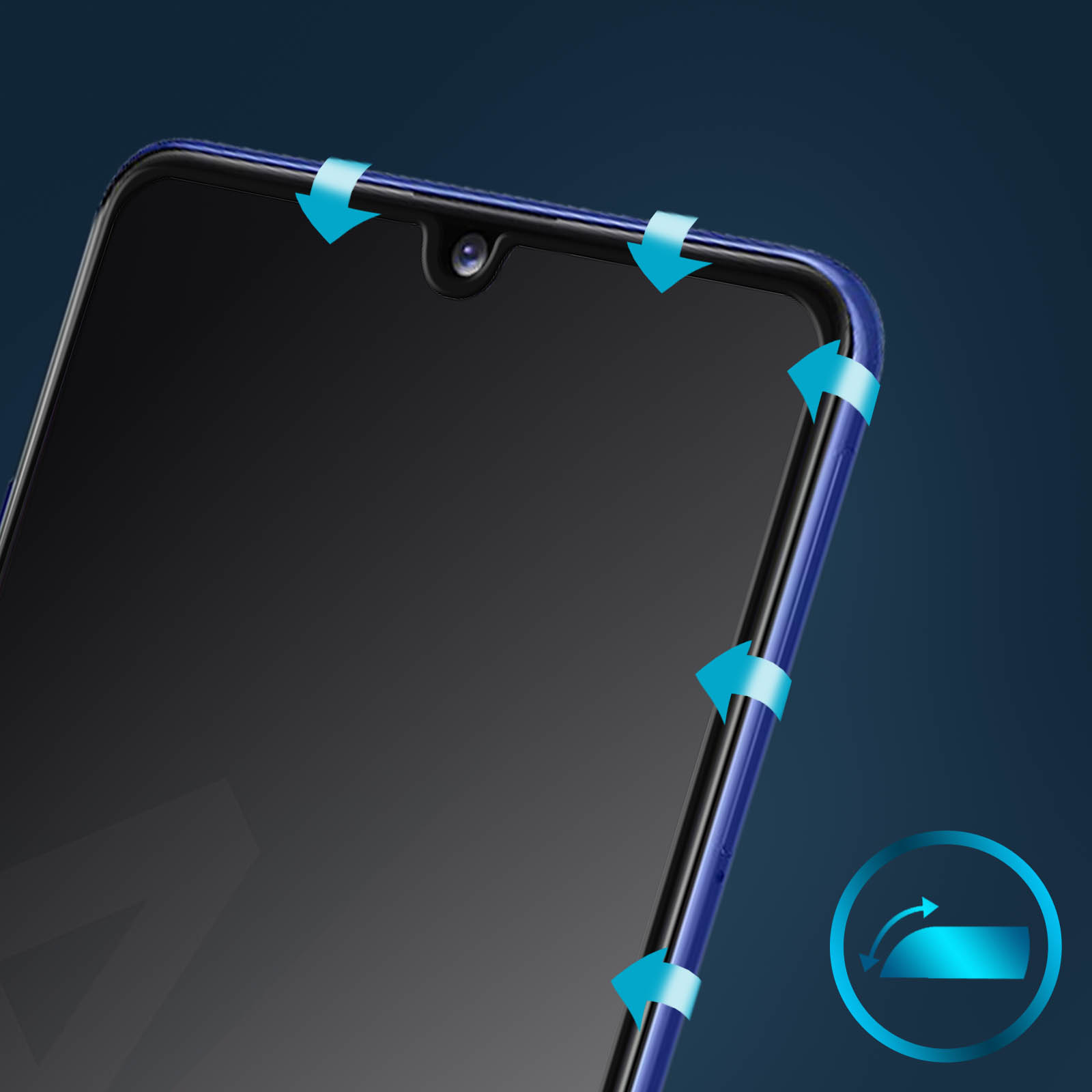 Primo piano di uno smartphone con frecce blu che indicano l'applicazione di una protezione schermo curva. Lo sfondo è blu scuro.