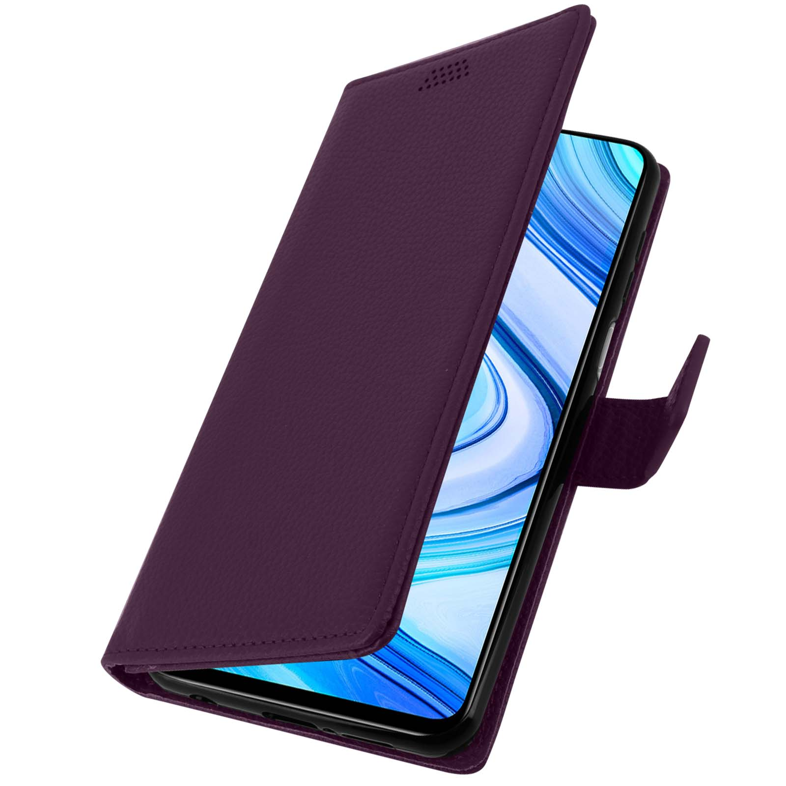 Coque de téléphone violette ouverte, révélant l'écran du téléphone. Fond blanc.