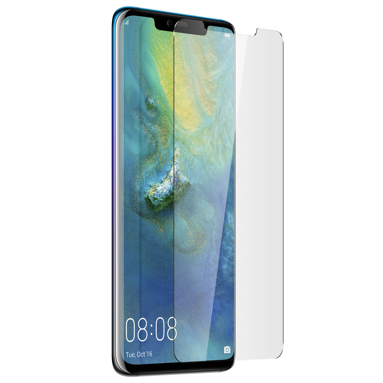Un telefono con protezione schermo. Lo schermo mostra ora e data.