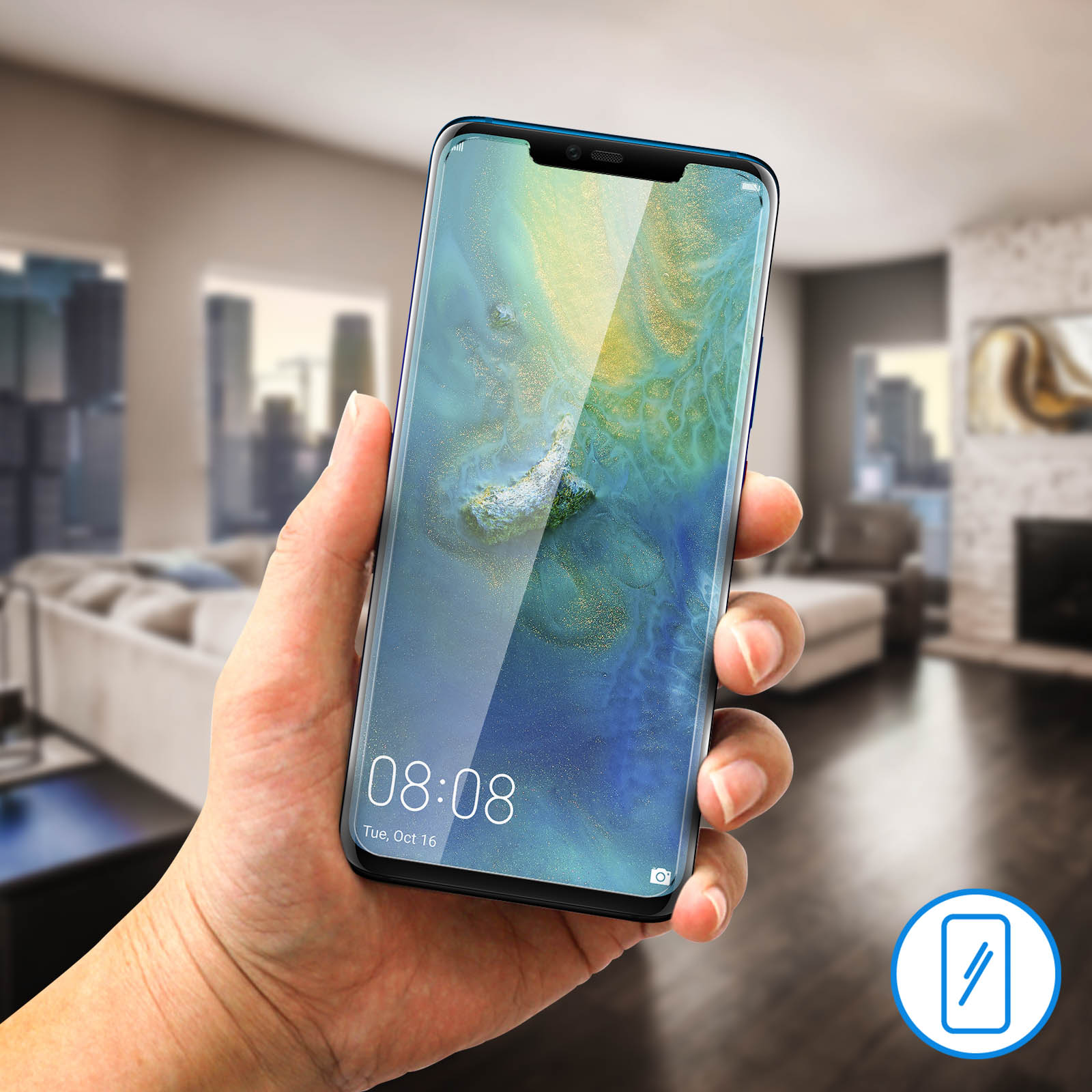 Una persona tiene in mano uno smartphone, mostrando uno schermo con sfondo urbano e l'ora 08:08.