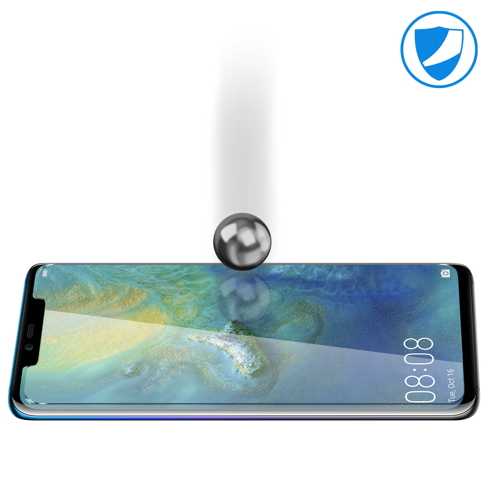 Schermo del telefono con protezione schermo. Una palla che cade sullo schermo, con un'icona di protezione.