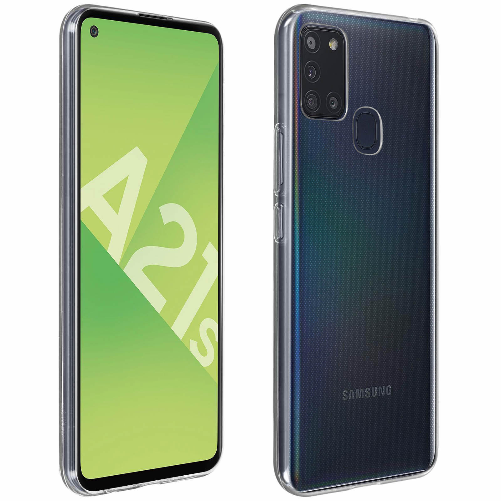 Custodia trasparente su un telefono Samsung. Mostra la parte posteriore del telefono.