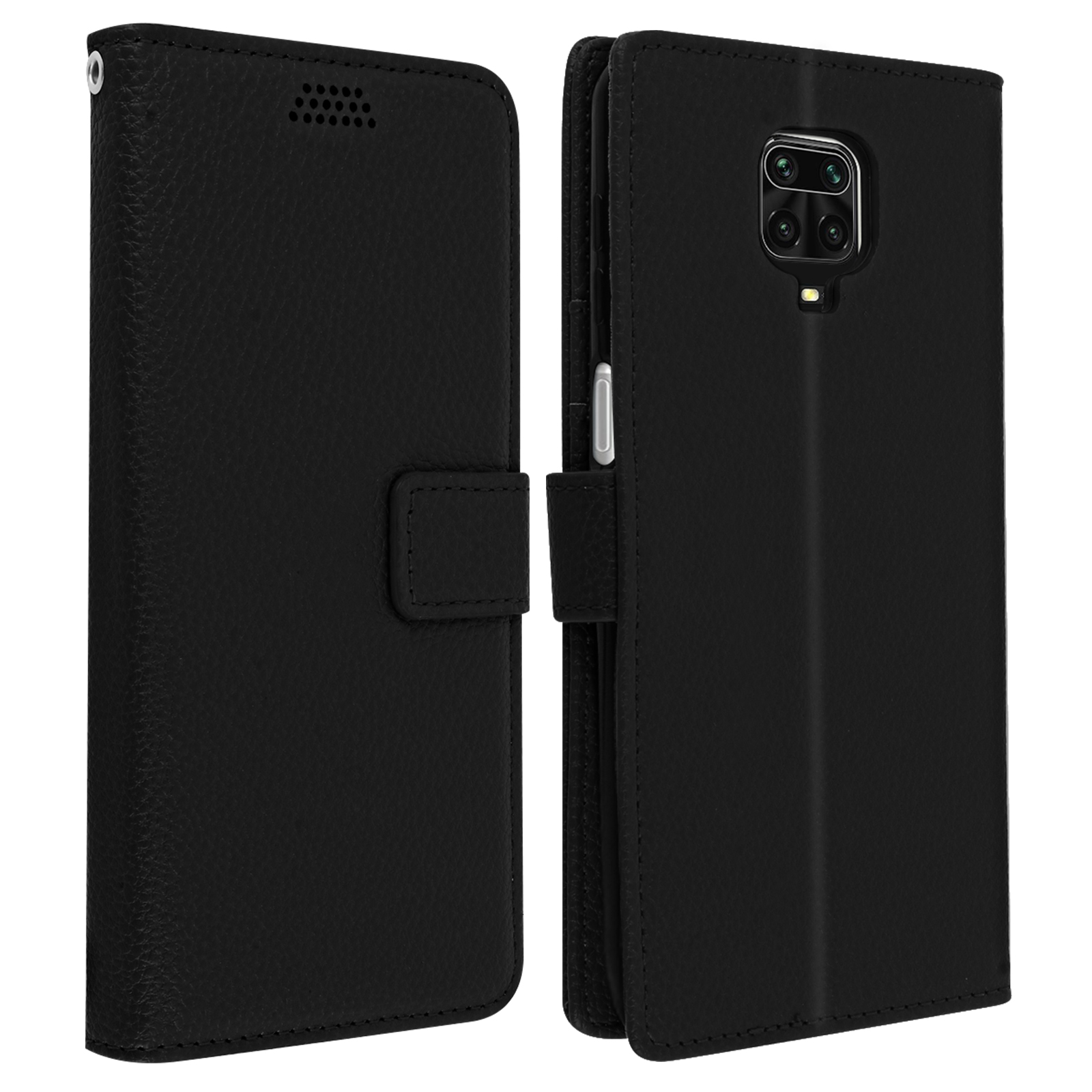Zwarte leren telefoonhoes, open en dicht. Binnenin kaartsleuven. De telefoon heeft een camera.