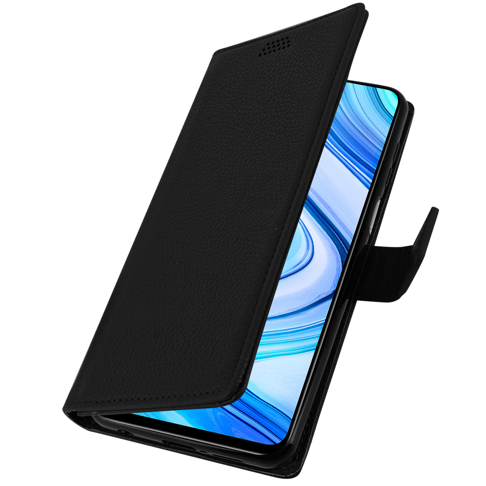 Open zwarte portemonneehoes met een telefoon erin met een blauw en wit schermontwerp.