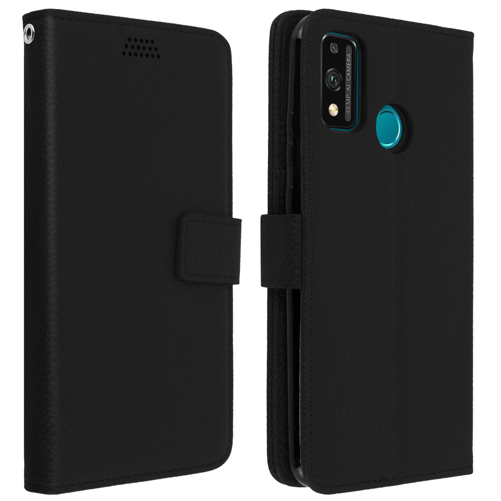 Twee zwarte telefoonhoesjes. Eén open, één dicht. Beide zijn zwart met een camera.