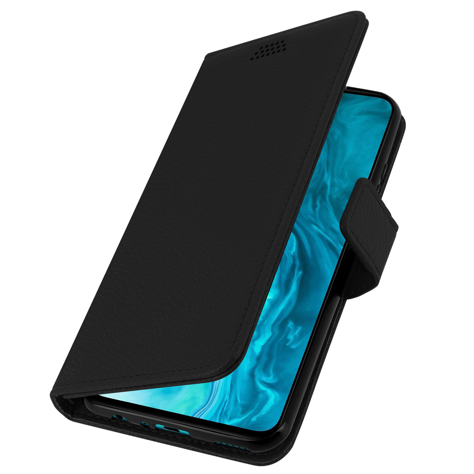 Zwarte telefoonhoes open om een telefoon te onthullen. De hoes heeft een magnetische sluiting.