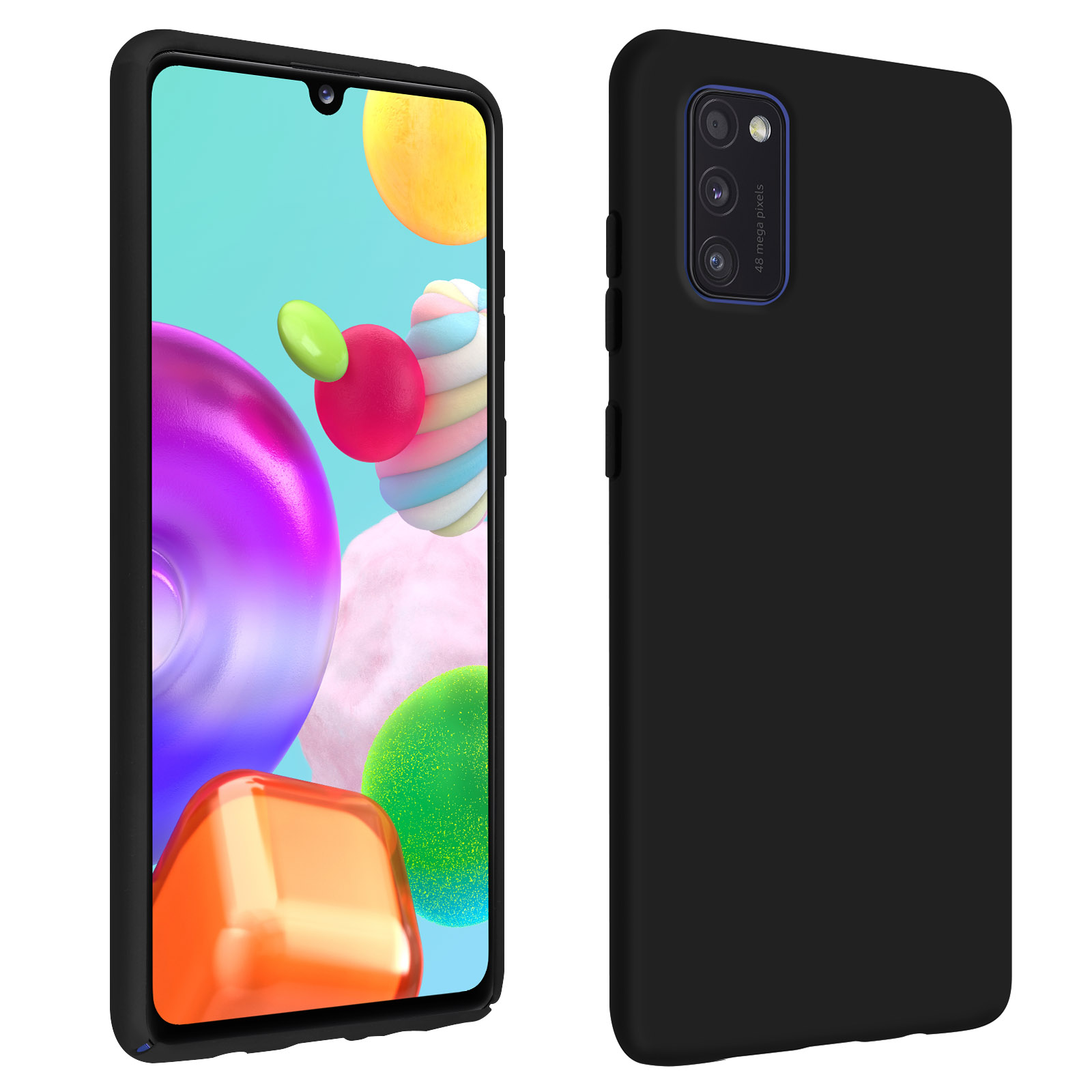 Zwarte telefoon en hoesje. Hoesje rechts. Telefoon toont kleurrijke objecten.