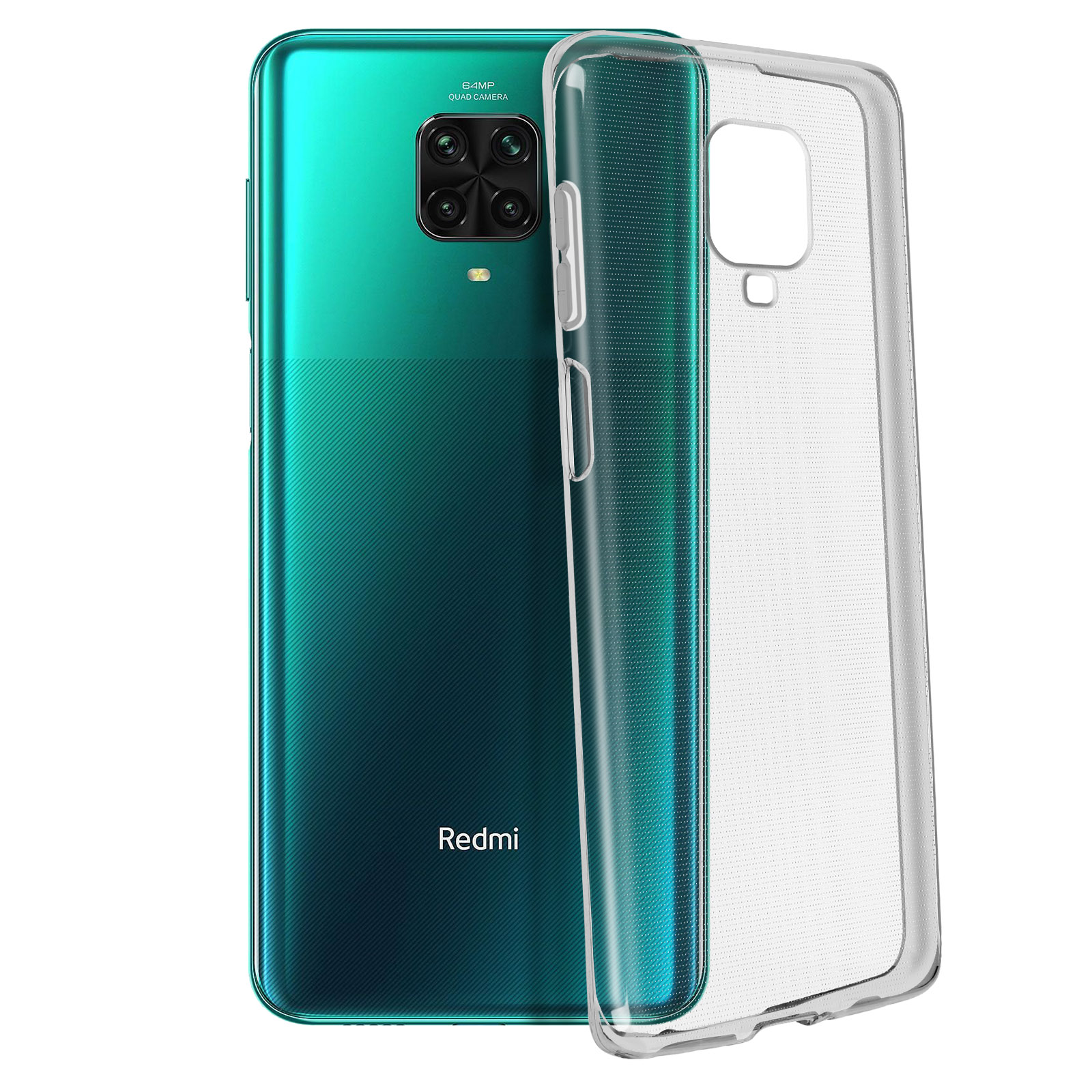 Téléphone vert avec coque transparente, à côté d'une coque transparente.