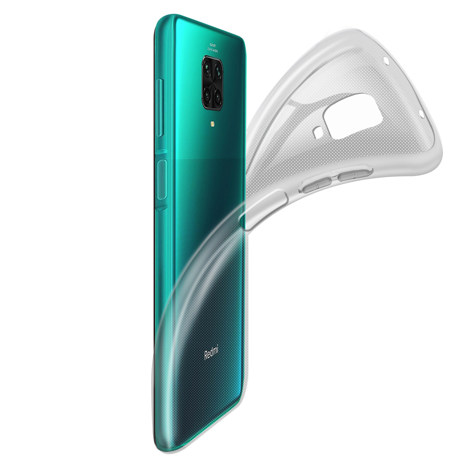 Téléphone vert avec une coque transparente partiellement détachée. Fond blanc.