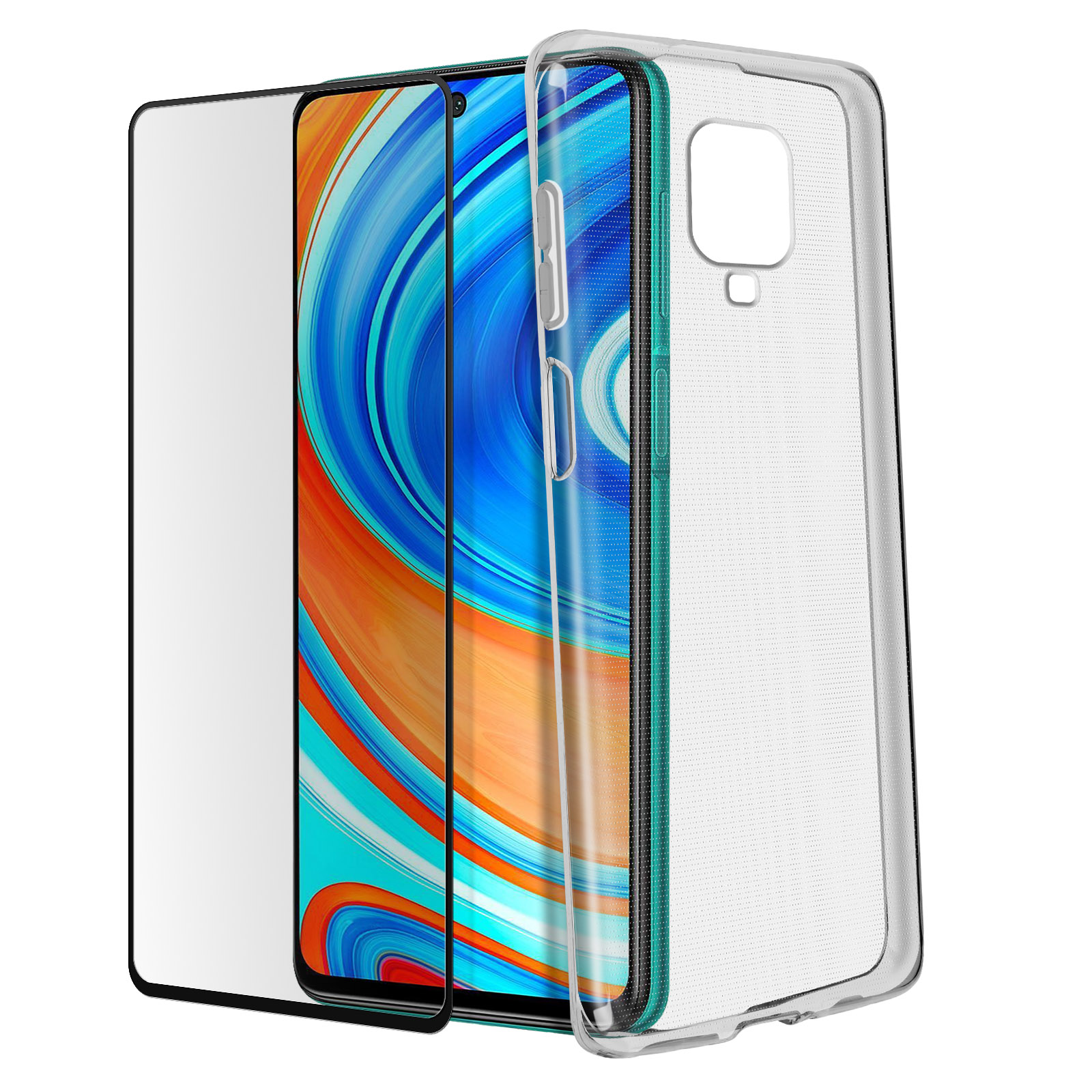 Un telefono con protezione schermo e custodia trasparente è visibile. Lo schermo del telefono è visibile.