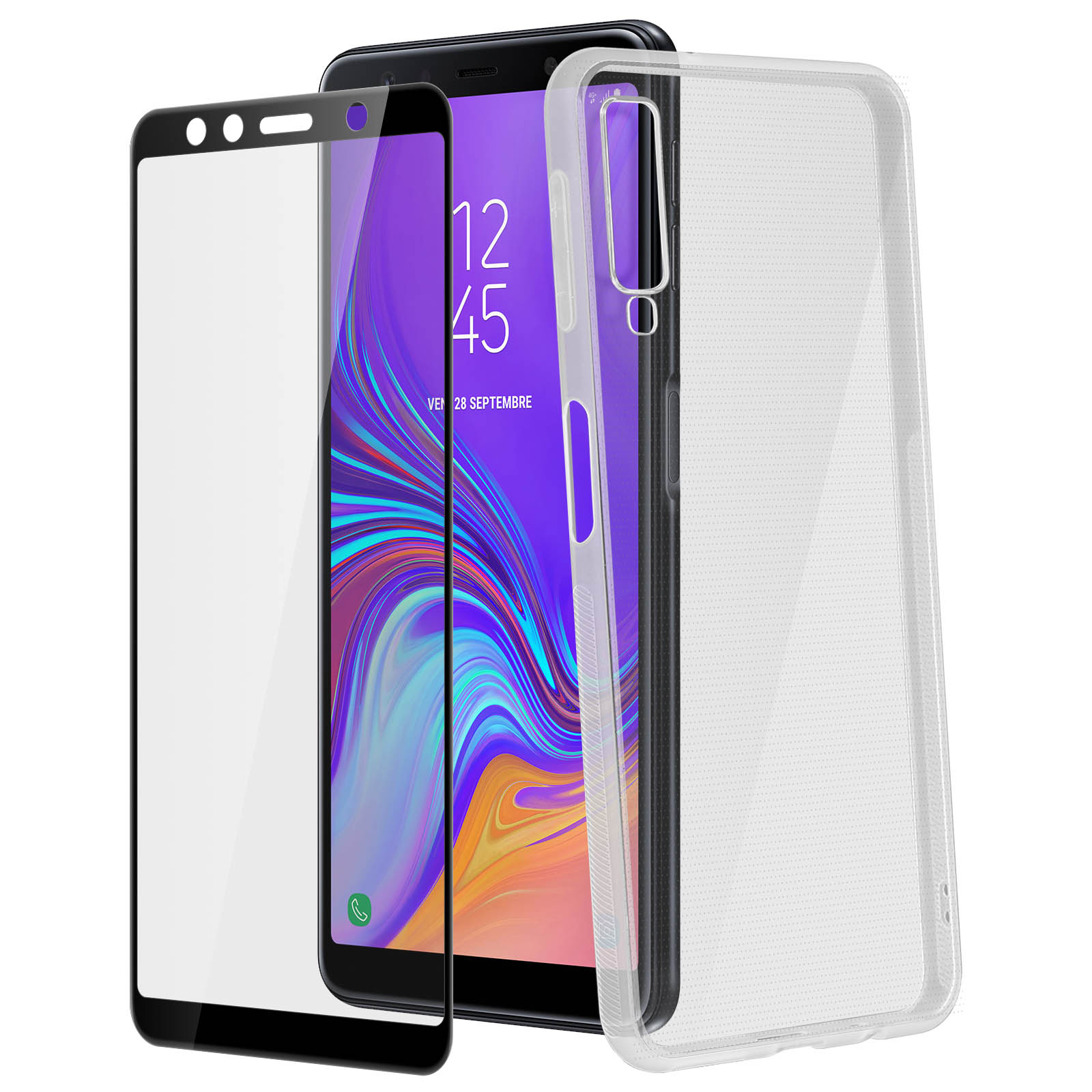 Telefon und Displayschutzfolie-Set mit Telefon in der Mitte. Klarer Hintergrund.