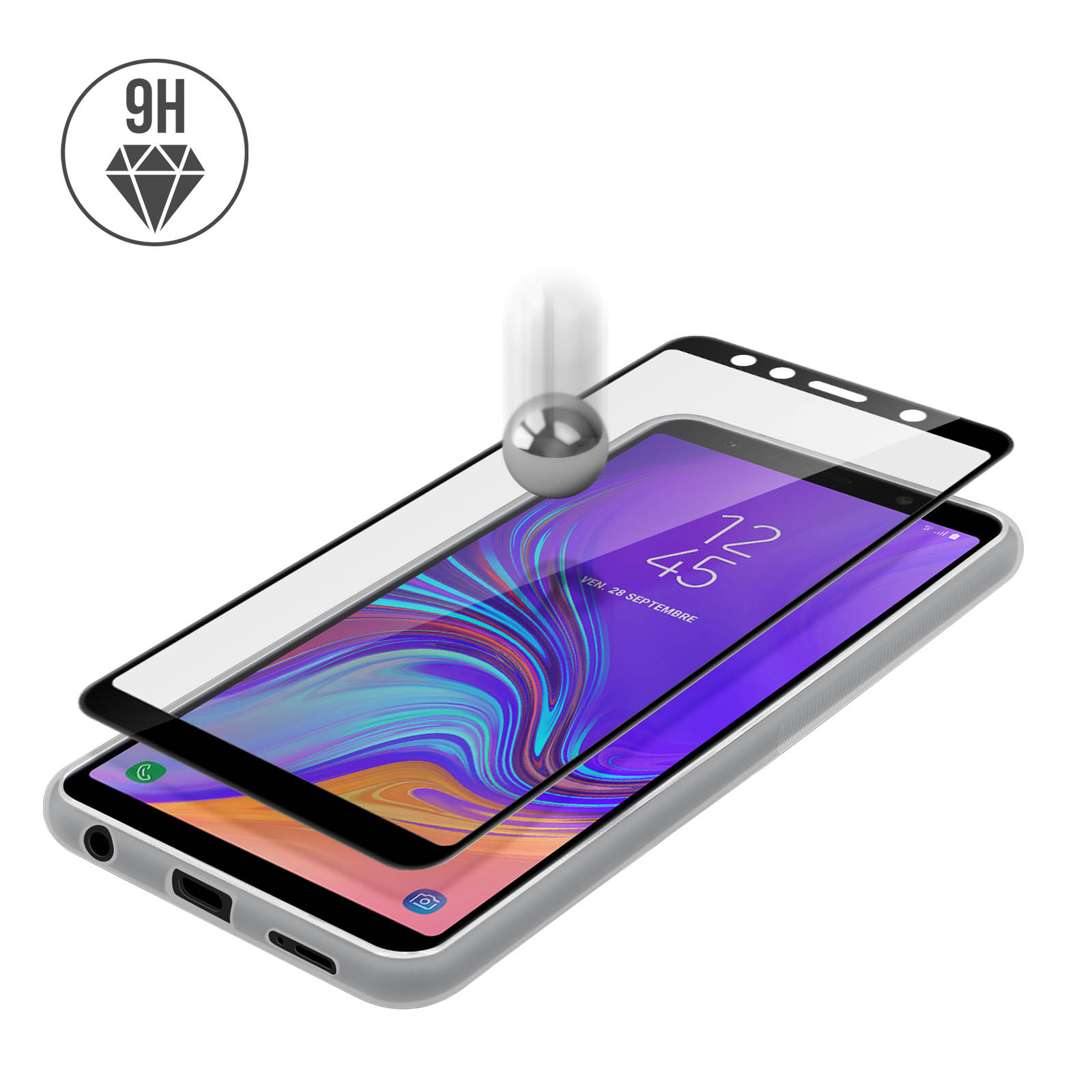 Telefon und Displayschutz mit einem Diamanten. Weißer Hintergrund.