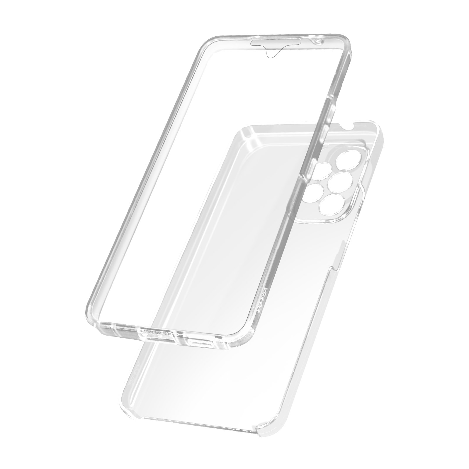 Twee doorzichtige telefoonhoesjes, lichtjes gescheiden. Elk heeft een camera-uitsparing en openingen.