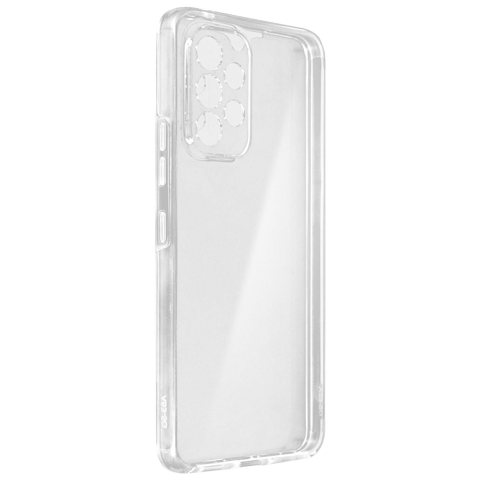 Une coque de téléphone transparente. La coque est vide, sans téléphone à l'intérieur. La coque est sur fond blanc.