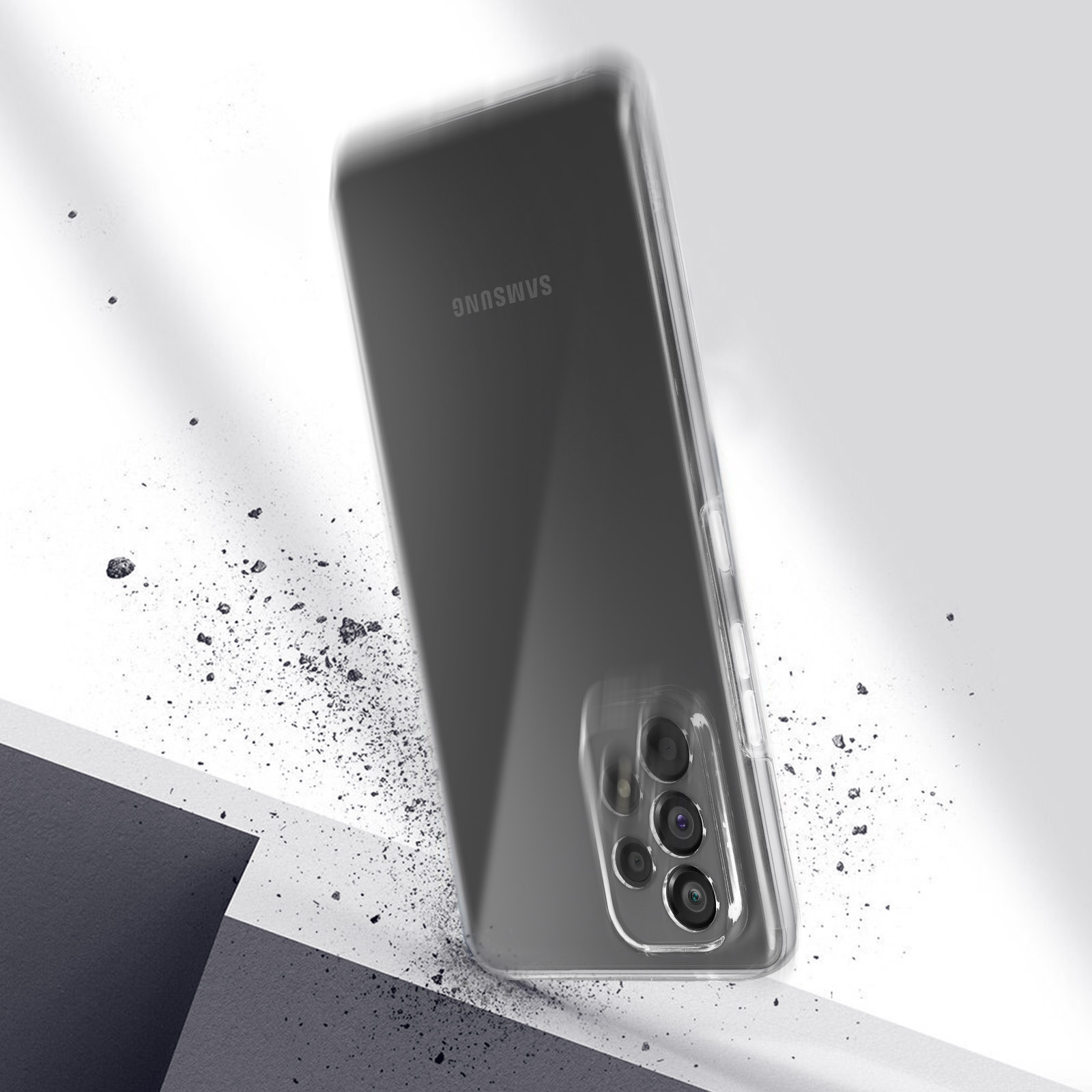 Un téléphone dans une coque transparente. La coque tombe et le téléphone flotte.