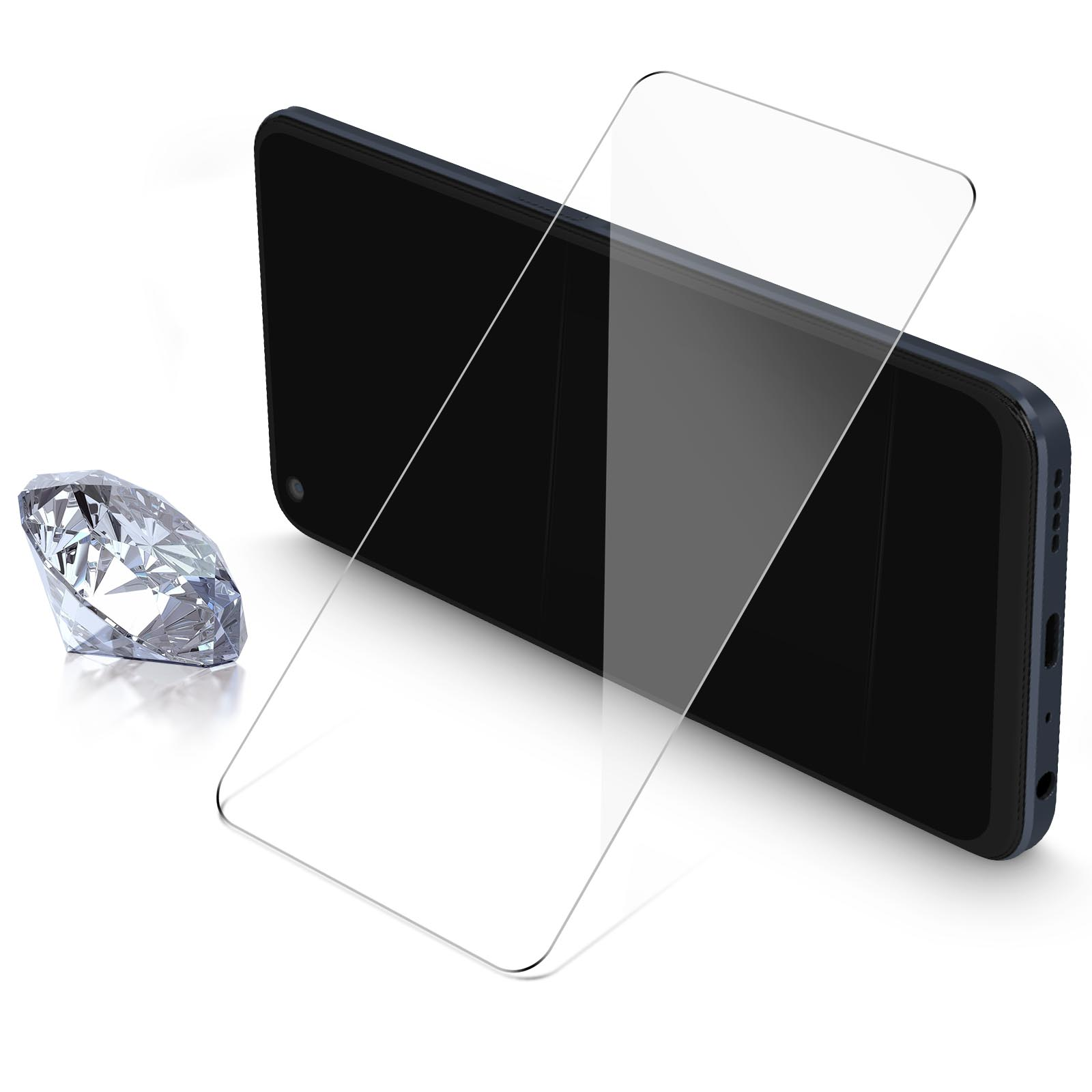 Un telefono con protezione schermo accanto a un diamante. Il telefono è scuro.