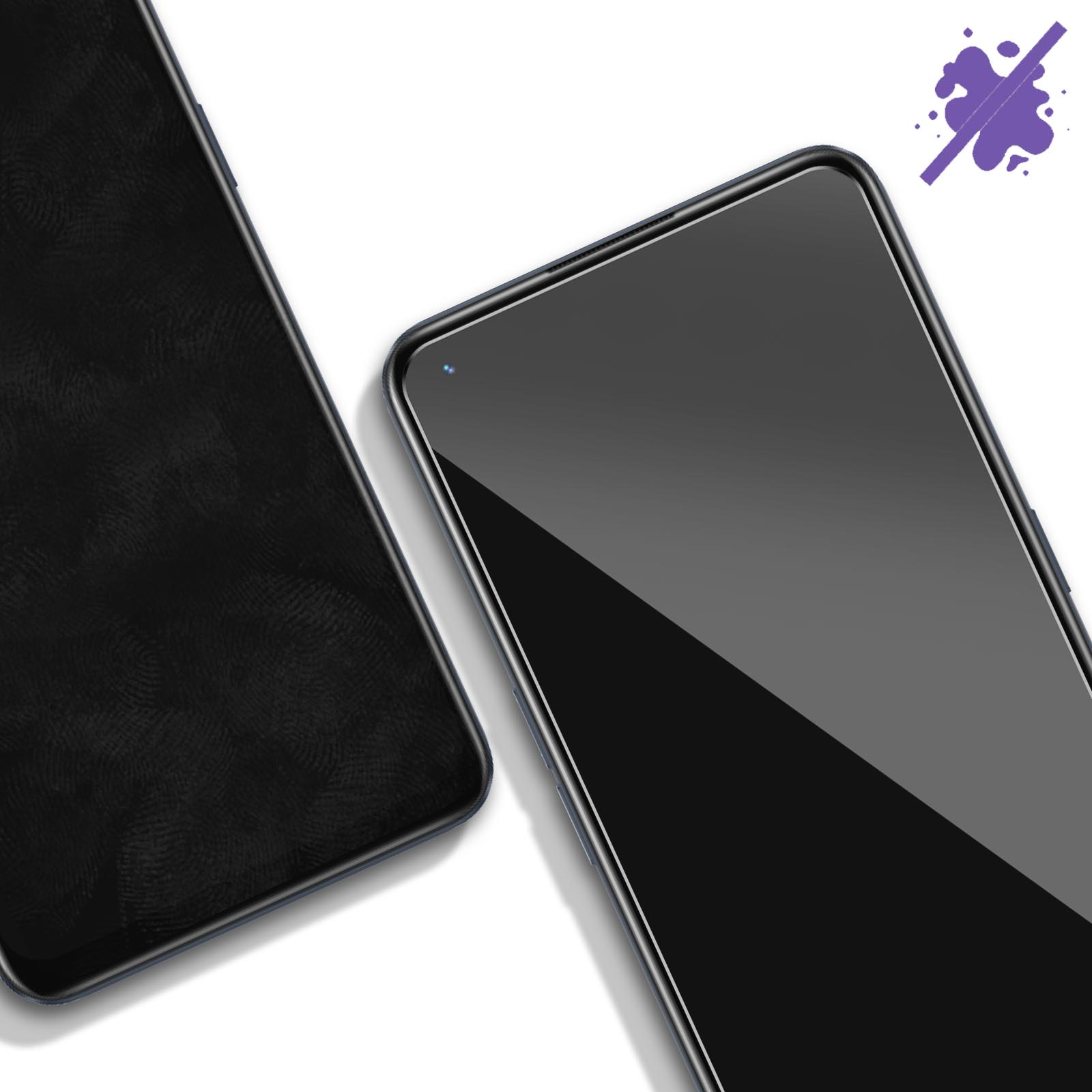 Due telefoni con protezioni per lo schermo. Uno mostra impronte digitali. L'altro è pulito con un'icona di macchia viola.