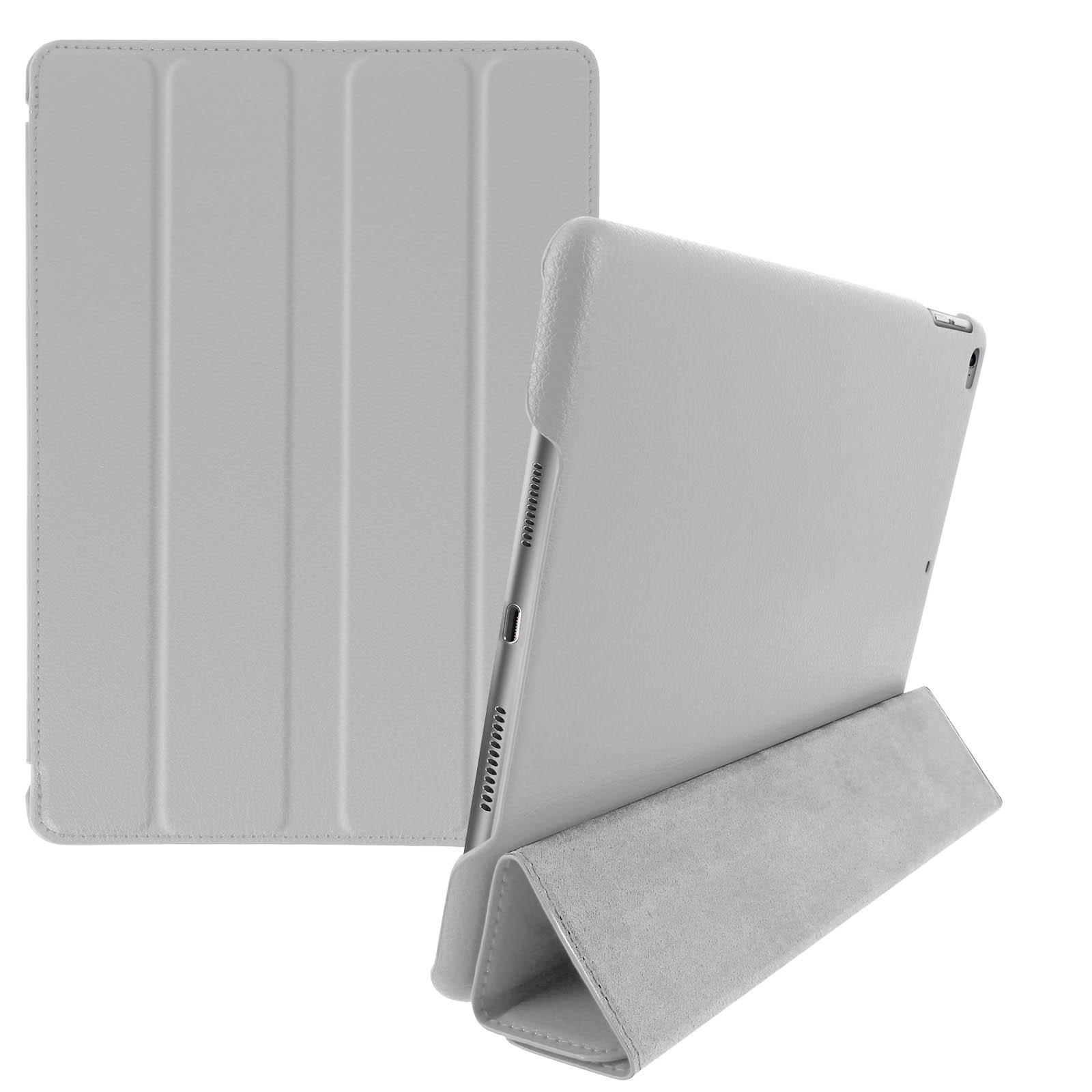 Una custodia per tablet grigio chiaro, aperta per mostrare il tablet, con un supporto.