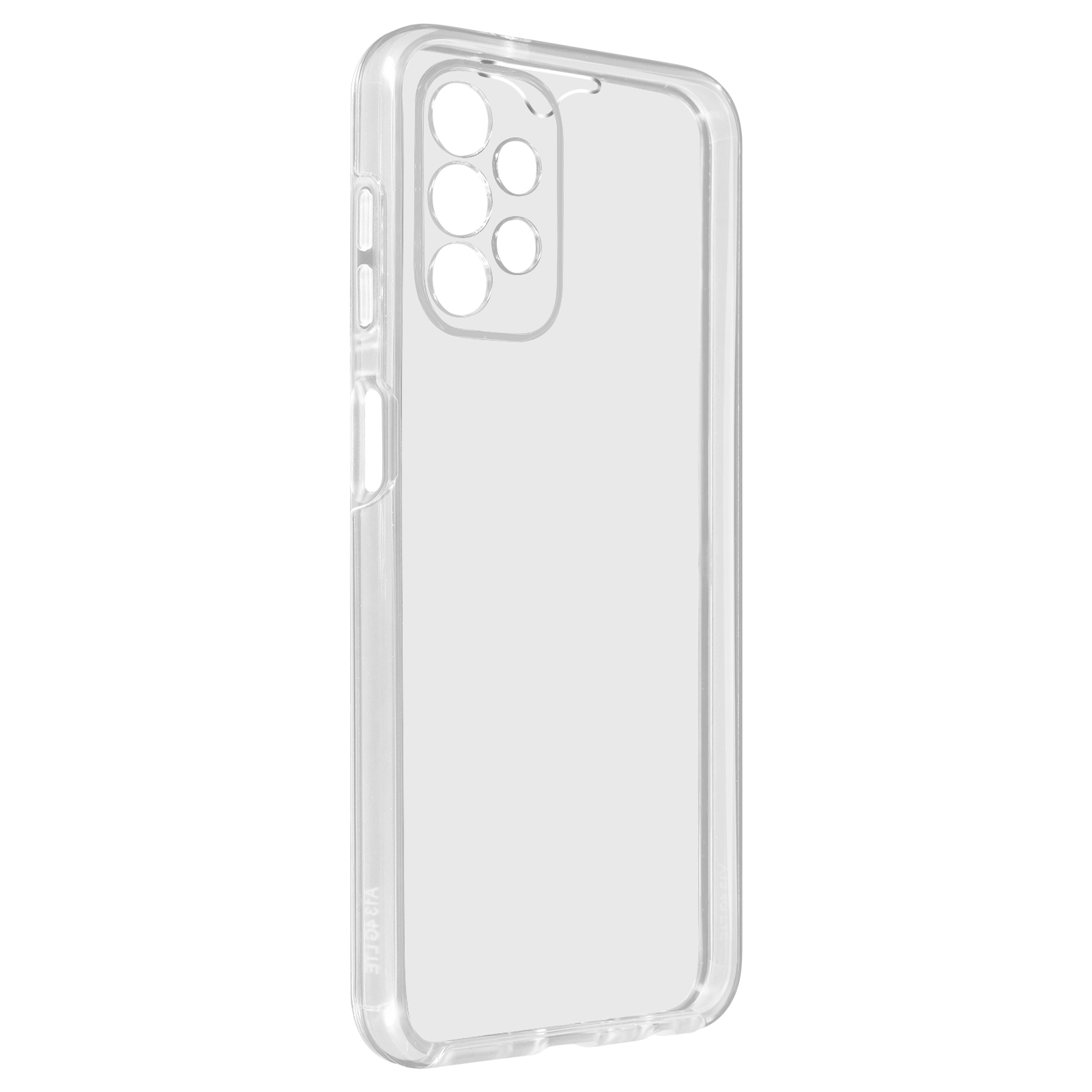 Una custodia trasparente per telefono con 6 fori per la fotocamera, su sfondo bianco.