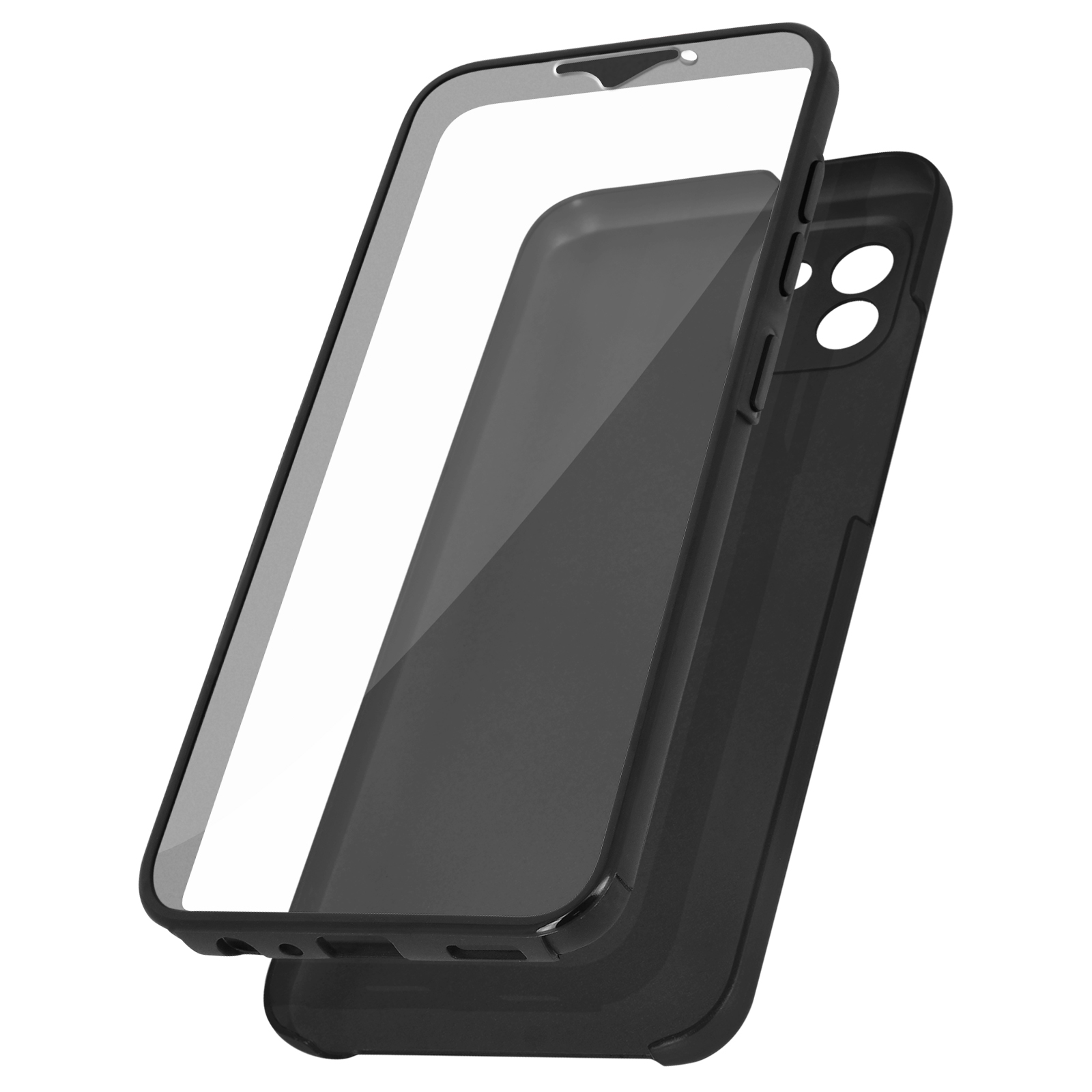 Custodia per telefono nera con protezione schermo trasparente. La custodia è nera. La protezione è trasparente.