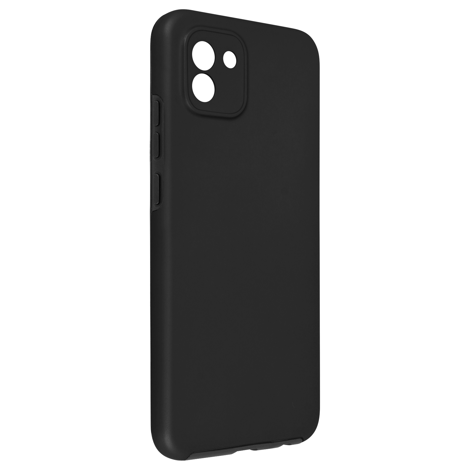 Custodia nera per telefono con ritaglio per fotocamera e pulsanti del volume, finitura opaca liscia.