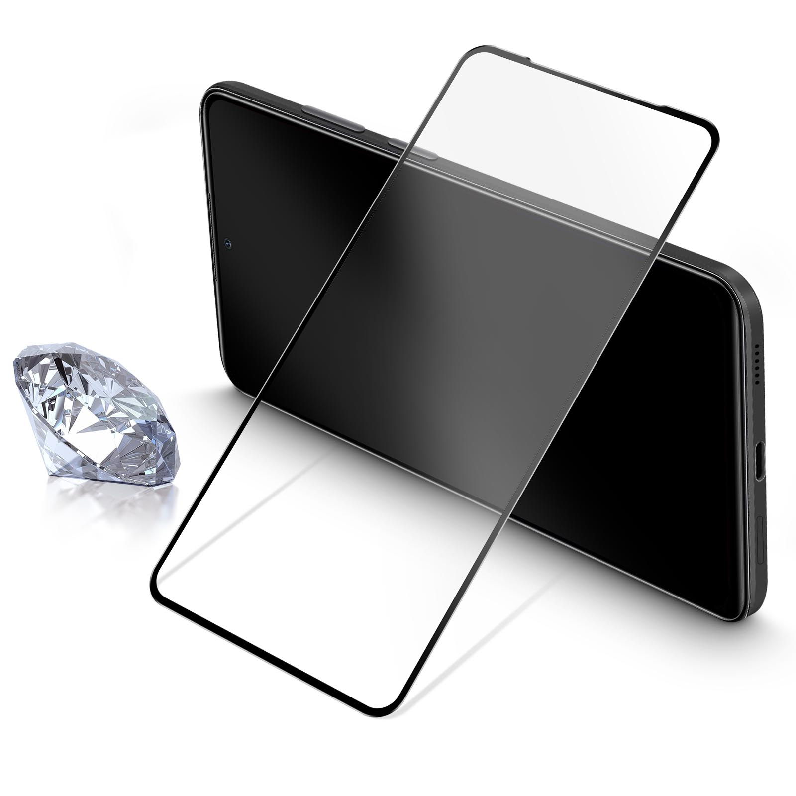 Telefono nero con protezione schermo e diamante su superficie bianca.