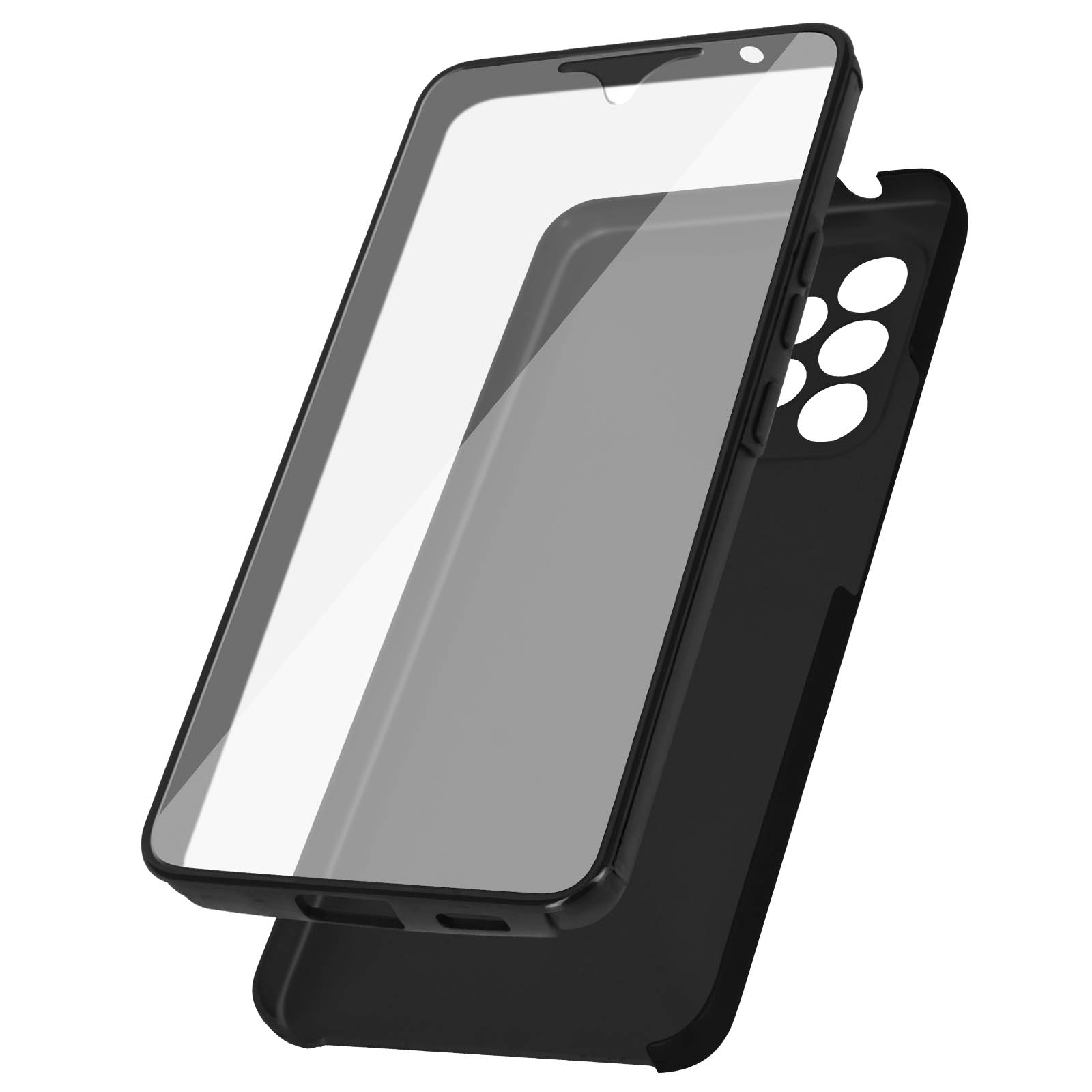 Zwarte telefoonhoes met een heldere schermbeschermer.