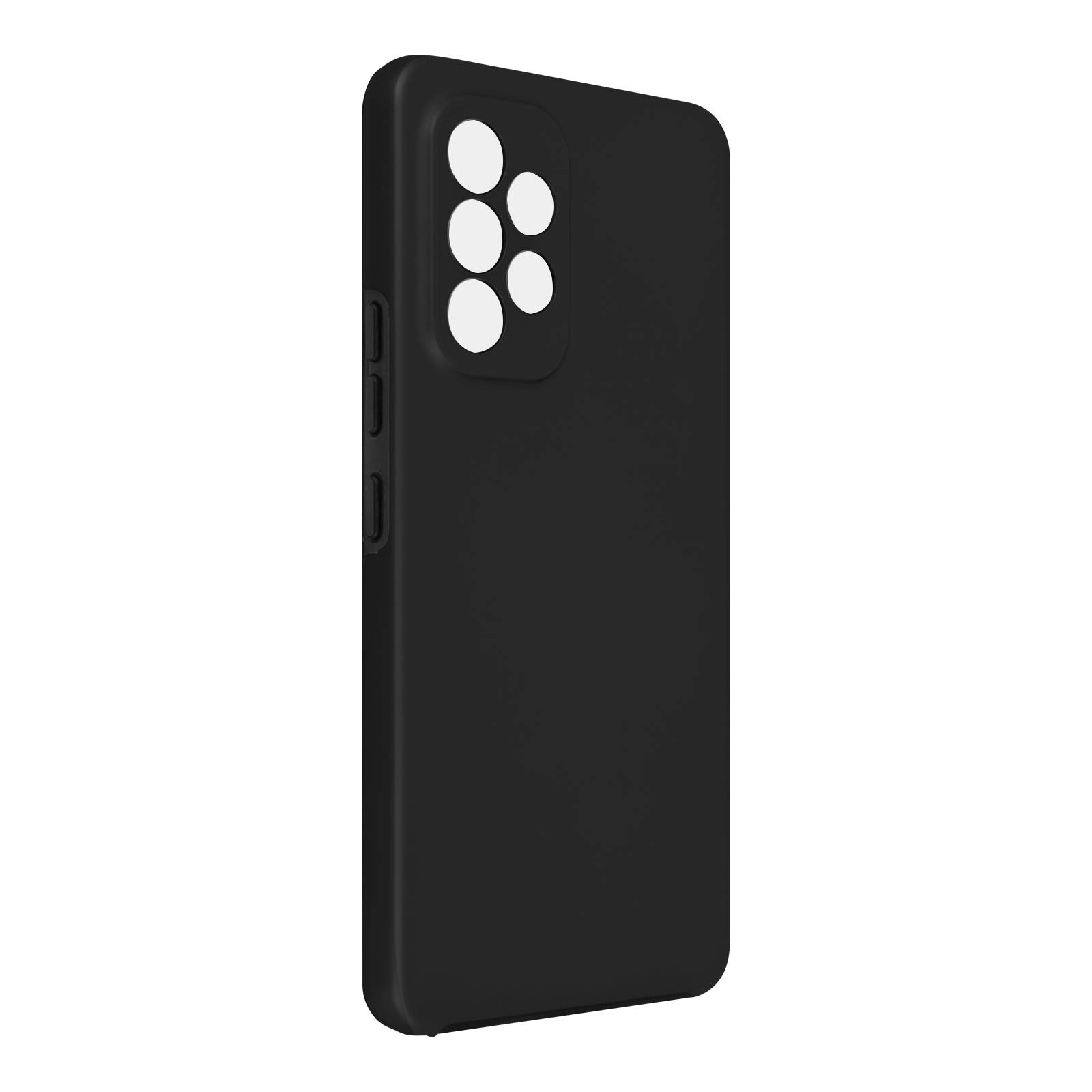 Zwarte telefoonhoes met camera-uitsparingen. Zijknoppen zichtbaar. Witte achtergrond.