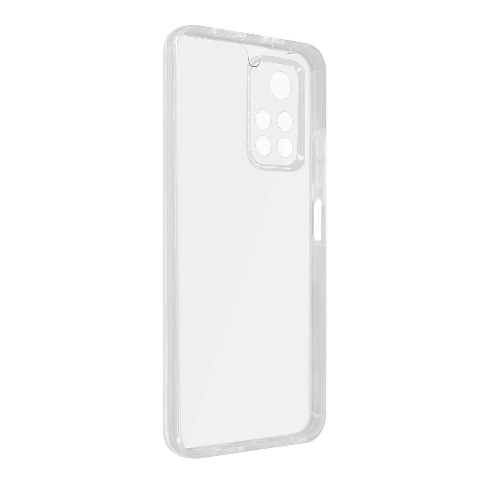 Une coque de téléphone transparente, montrant les découpes de l'appareil photo. Elle est transparente sur fond blanc.