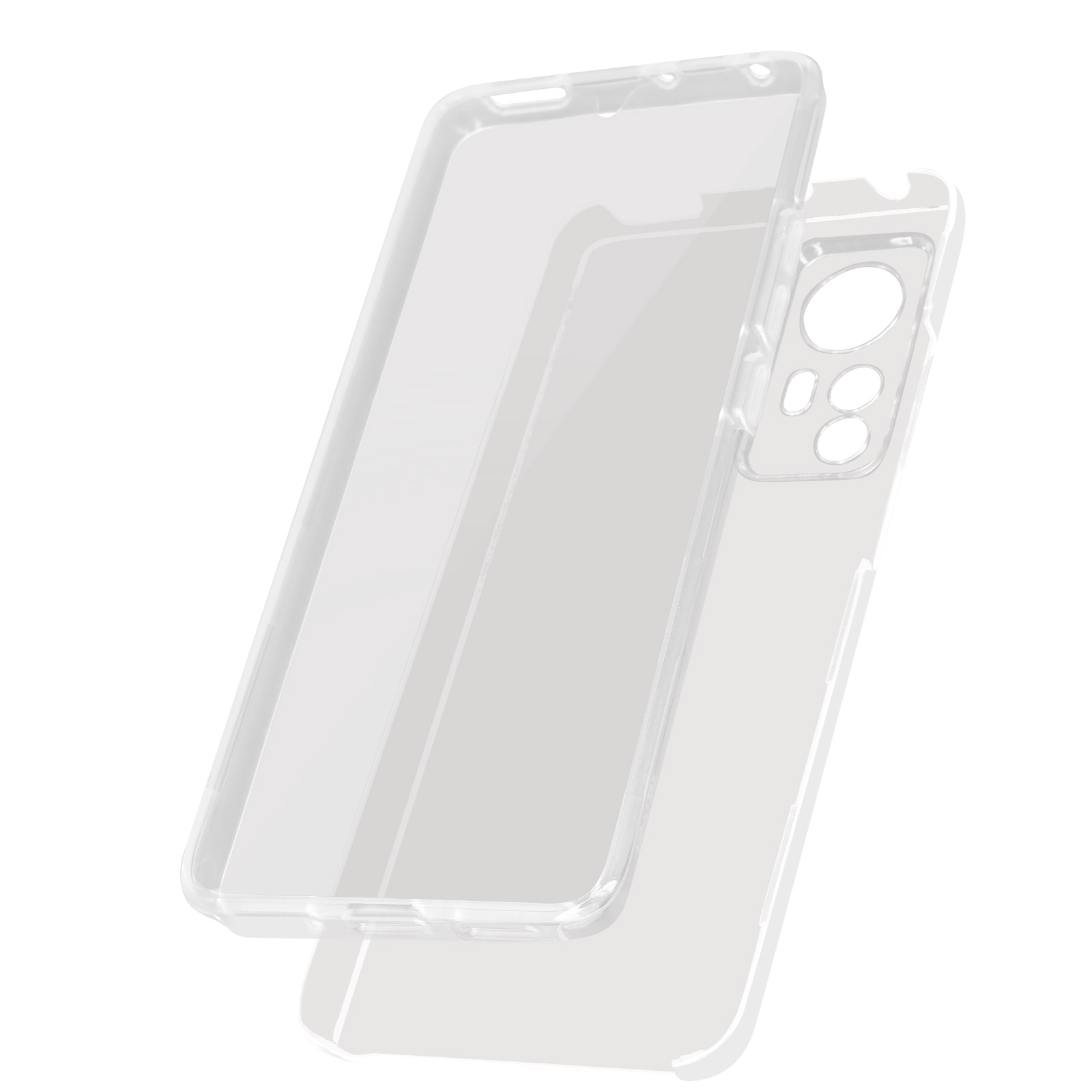 Deux coques de téléphone transparentes, légèrement séparées, avec ouvertures pour la caméra et les boutons.