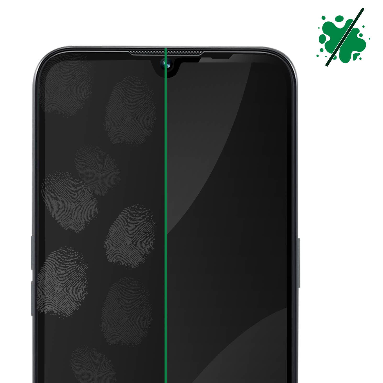 Écran de téléphone avec empreintes digitales, une ligne verte et une icône d'éclaboussure indiquant une fonction anti-traces.