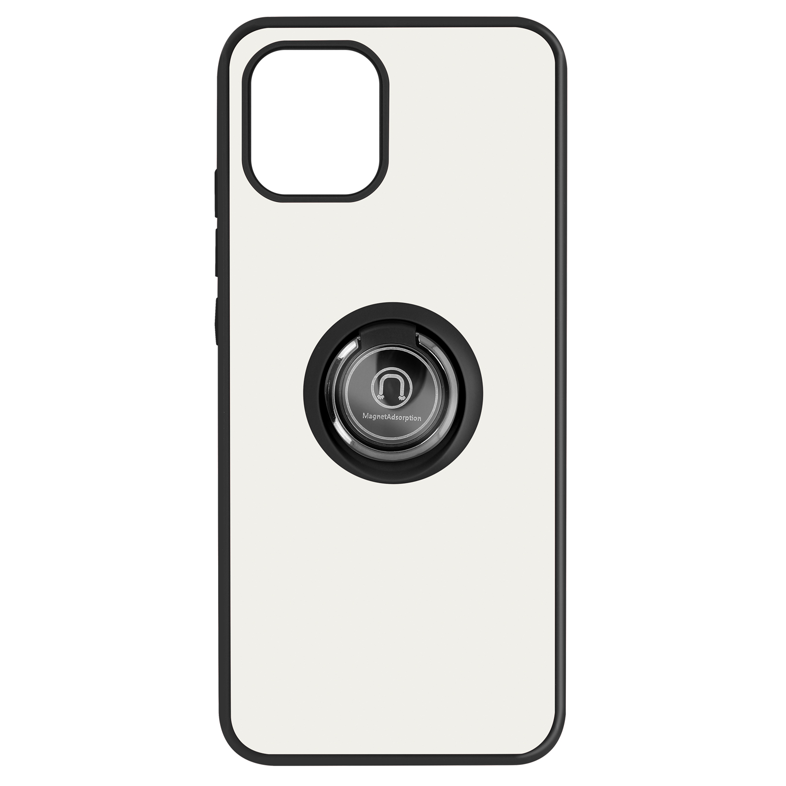 Een telefoonhoesje met een witte achterkant, zwart frame en een ringhouder. De houder is zwart en zilver.